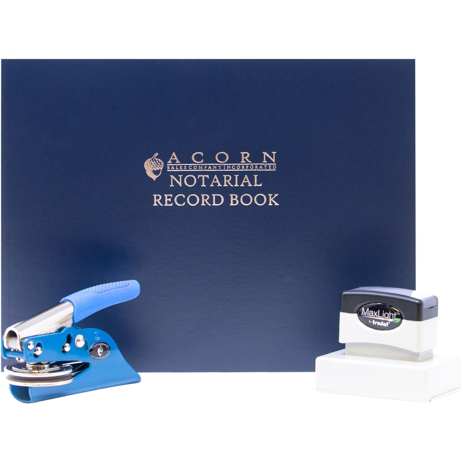Acorn Notarial Record Book with blue embosser and MaxLight self-inking notary stamp on white background