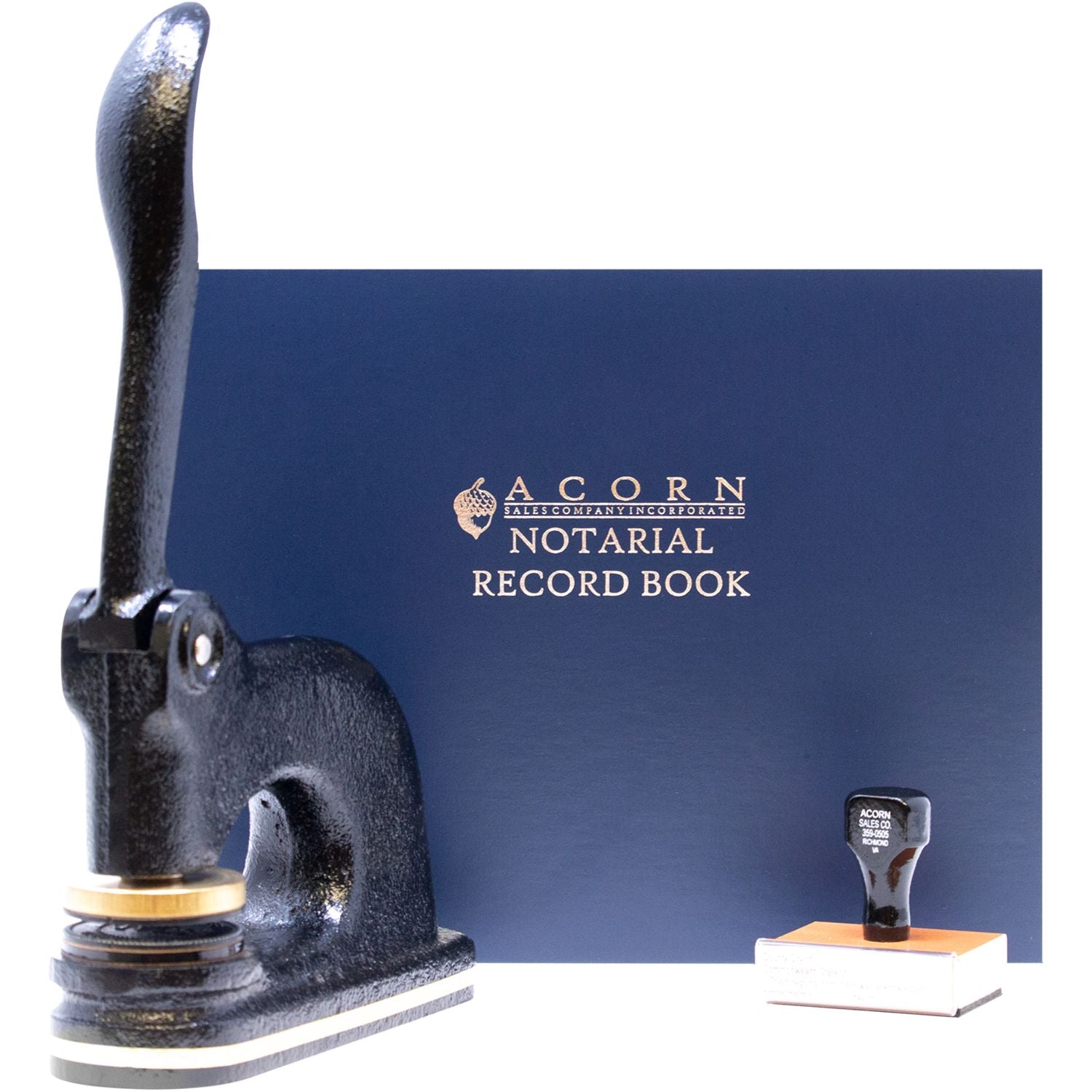 Acorn notarial record book with notary seal embosser and stamp set