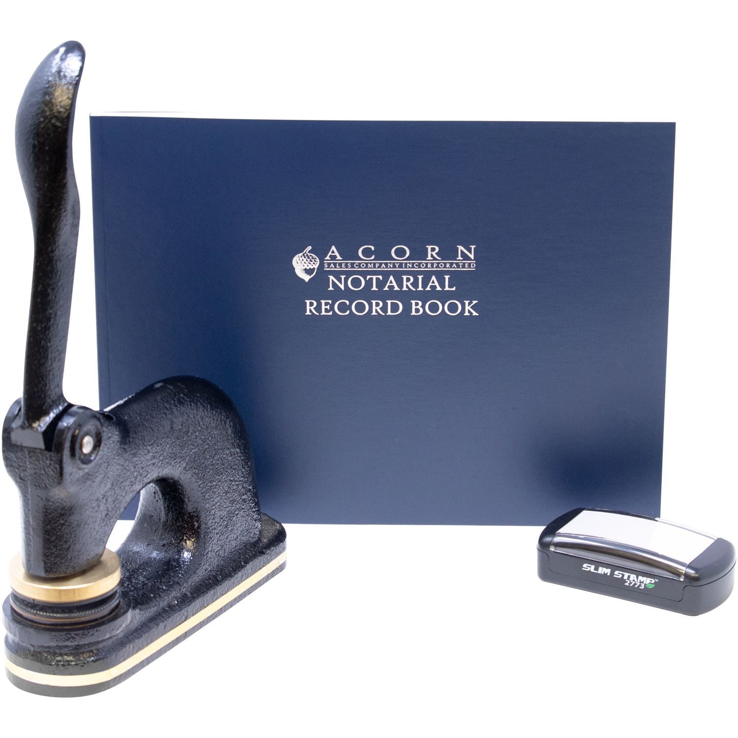Acorn Notarial Record Book with desktop embosser and Slim Stamp notary seal on white background