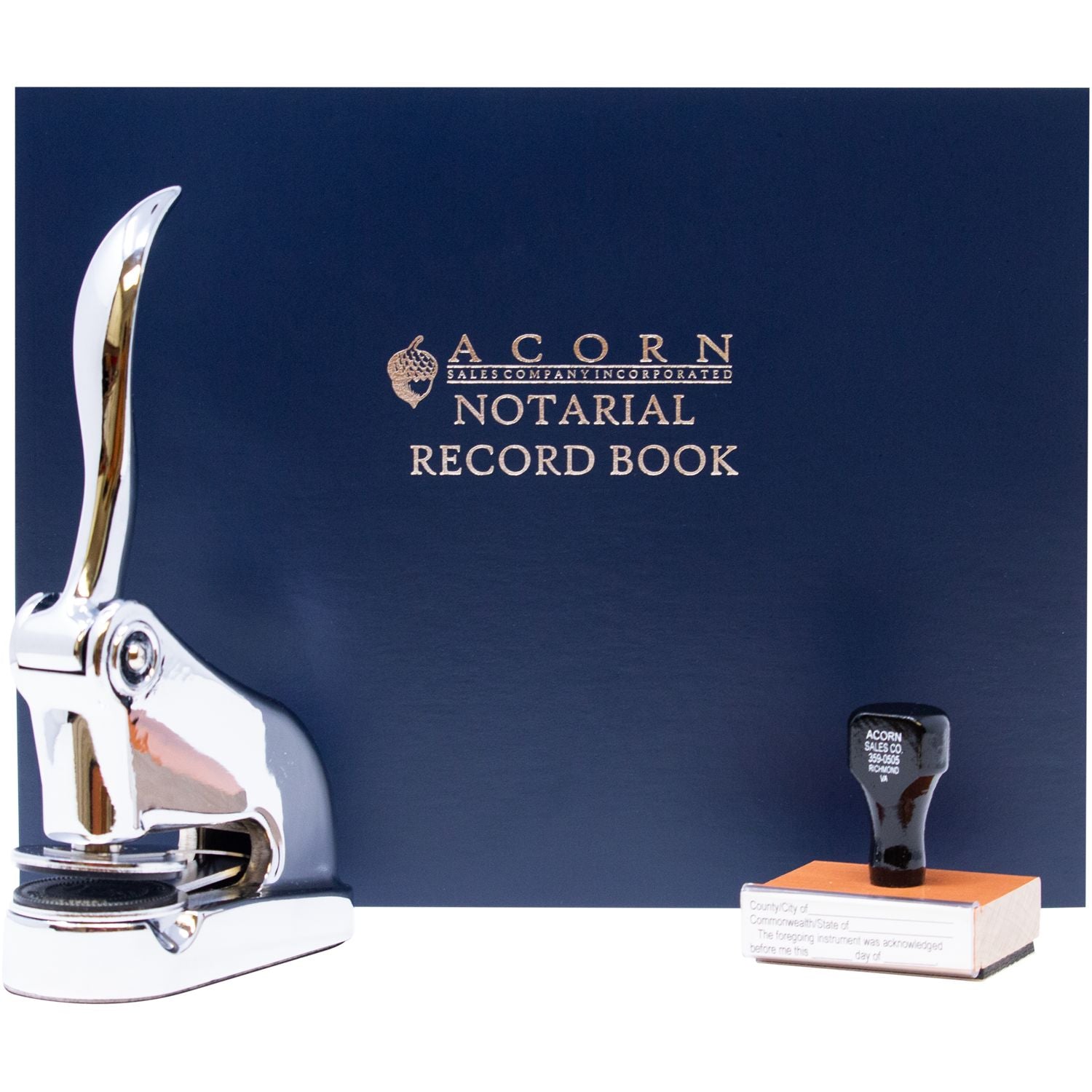 Acorn Notarial Record Book with chrome embossing seal and notary stamp on a blue cover