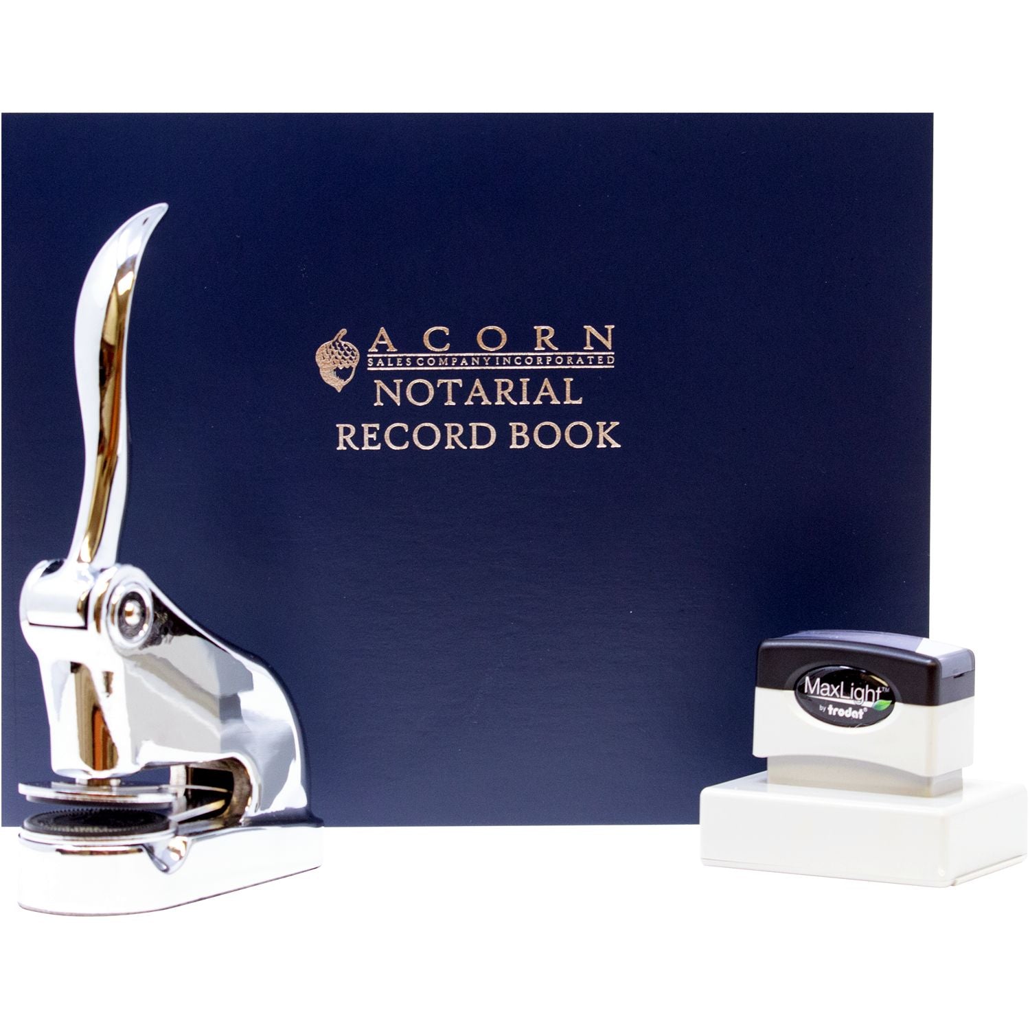 Acorn Sales Company Incorporated notarial record book with chrome hole punch and MaxLight Trodat stamp.