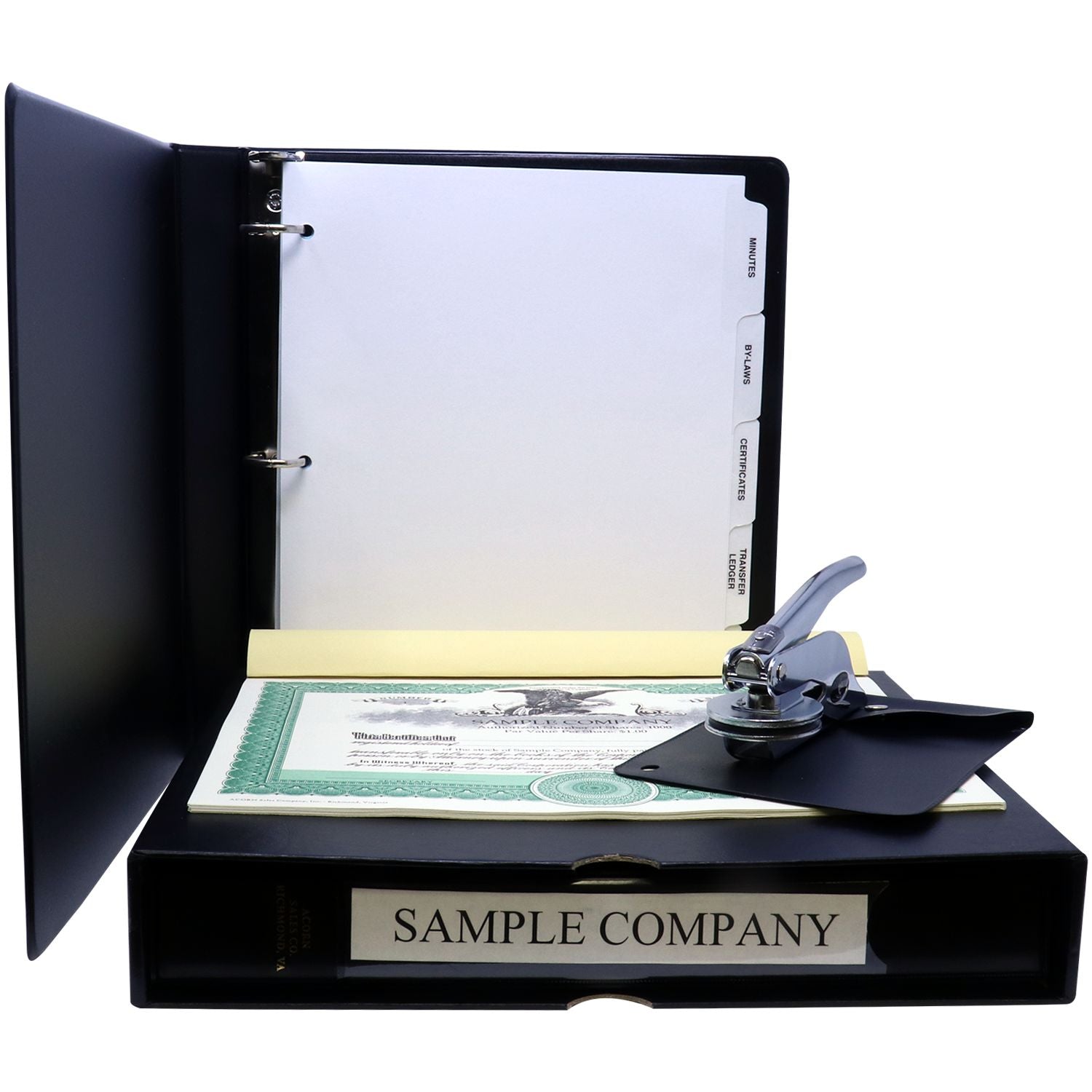 Black corporate binder with stock certificate, tabs for minutes, by-laws, certificates, and transfer ledger for company records.