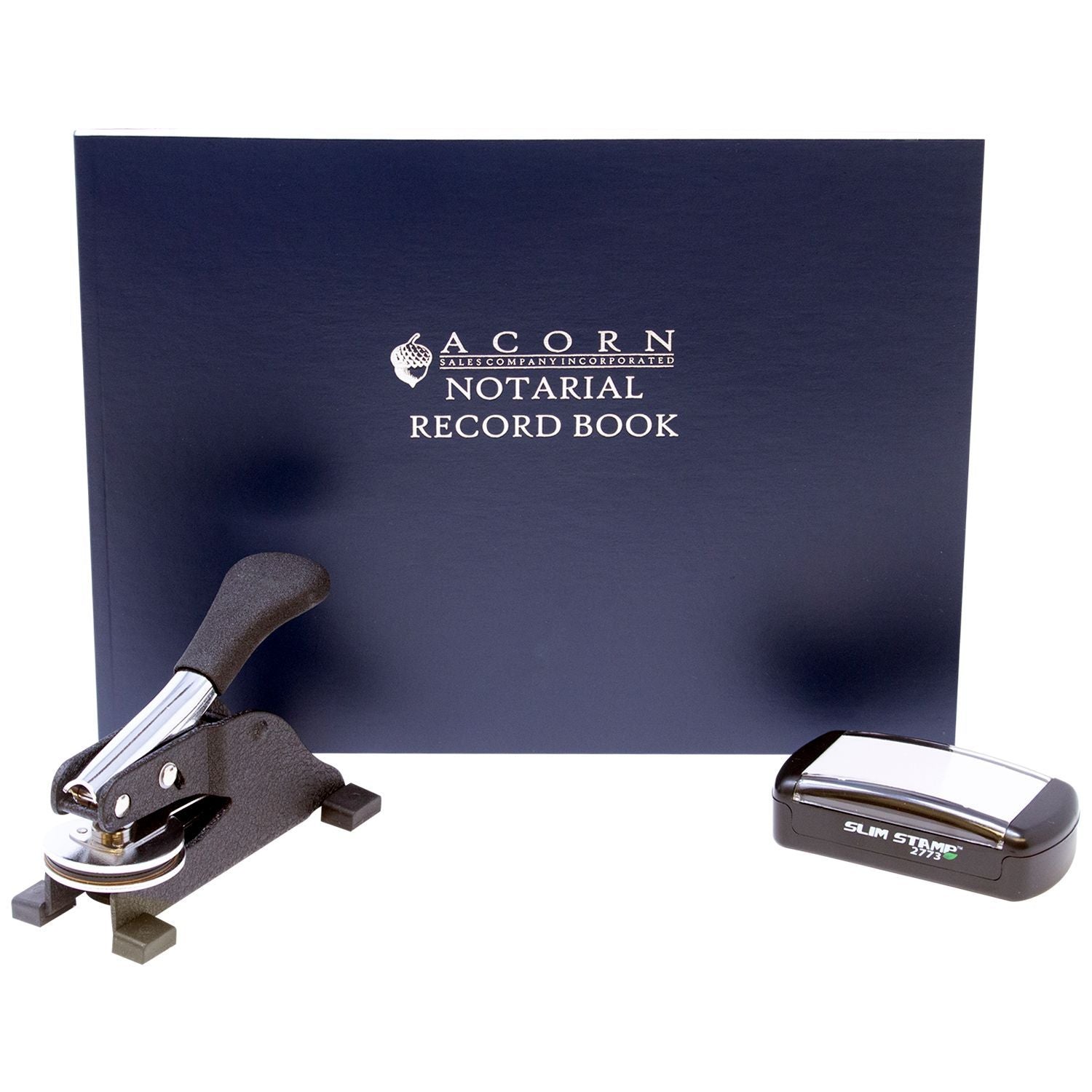 Notarial record book with embossing seal and slim stamp for professional notary record keeping.