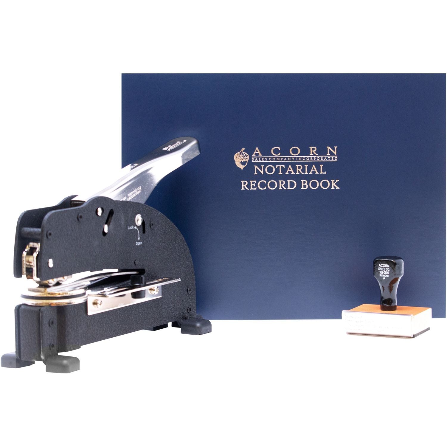 Acorn notarial record book with black embossing seal stamp and notary office supplies on white background