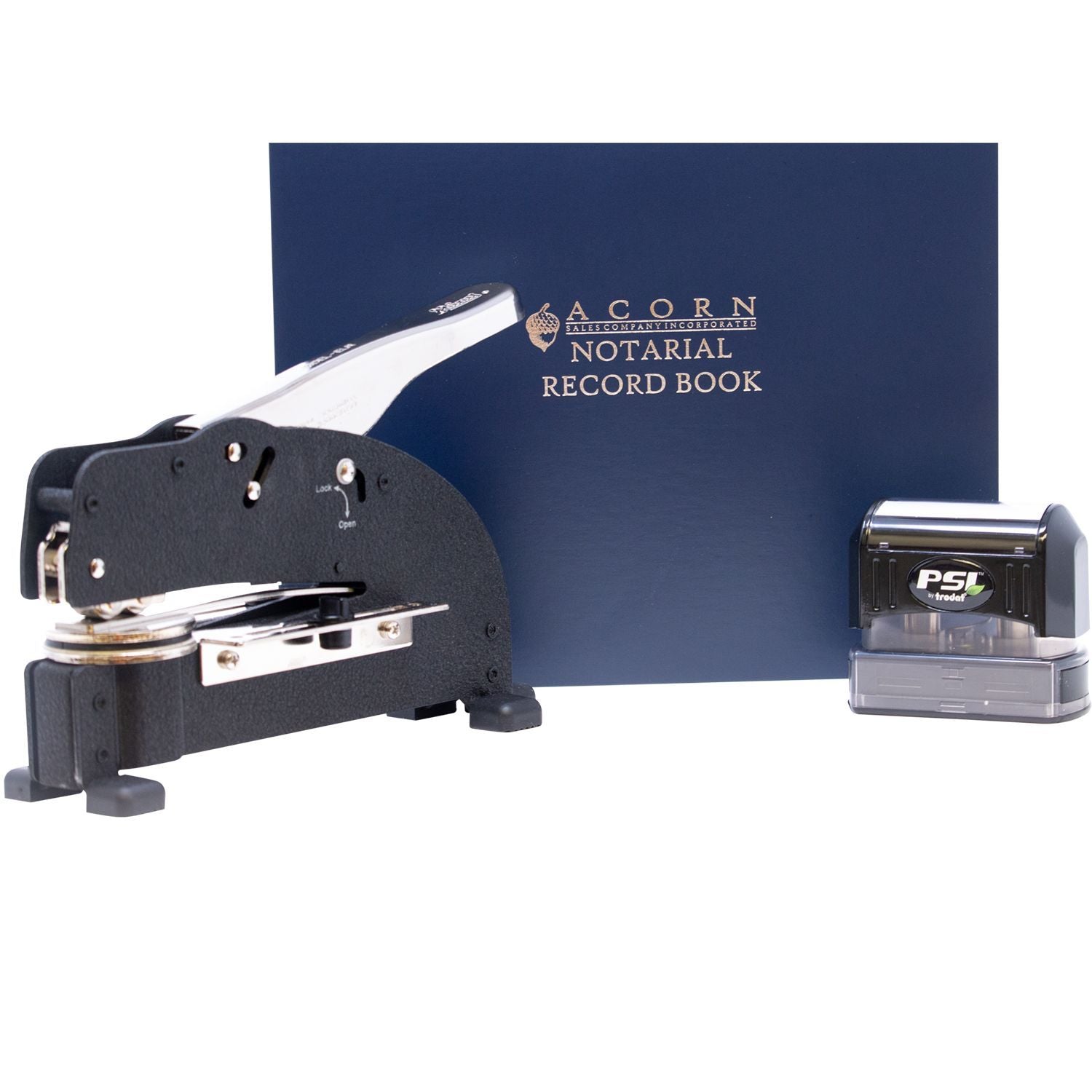 Notary supplies set with Acorn Notarial Record Book, embosser, and PSI stamp on white background