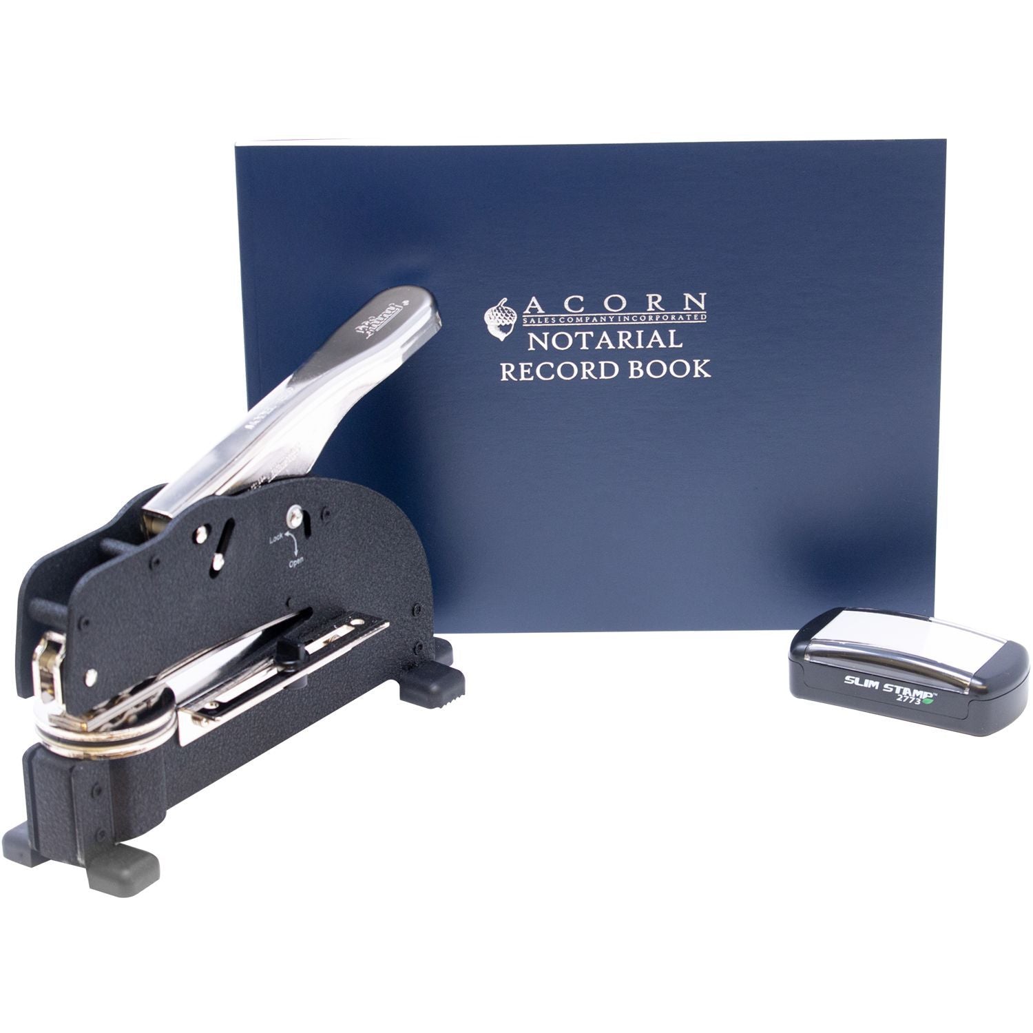Notarial record book with embossing seal and Slim Stamp for notary office supplies.