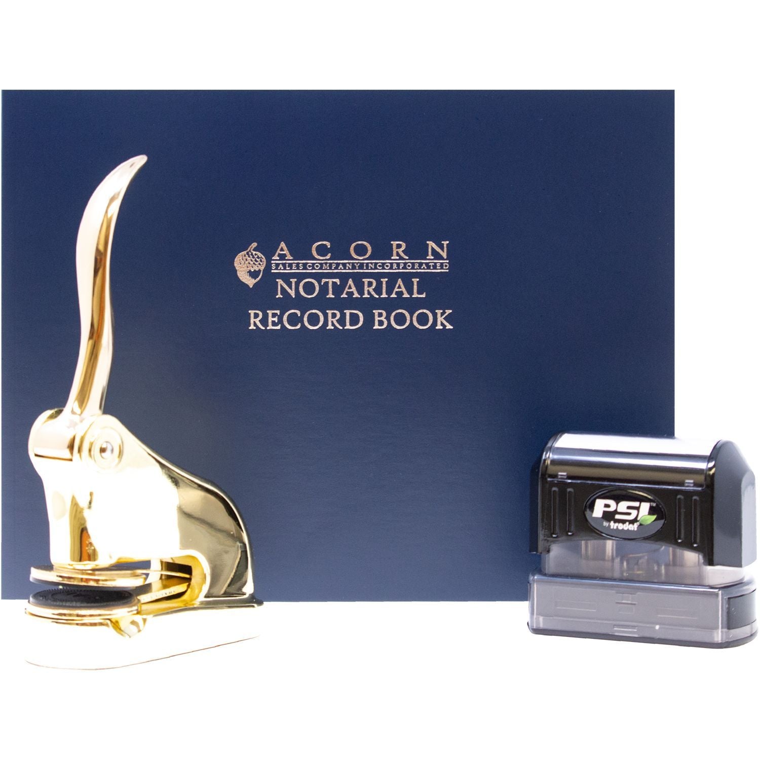 Acorn Sales Company notarial record book with gold hole punch and PSI by Trodat stamp set for office documentation.