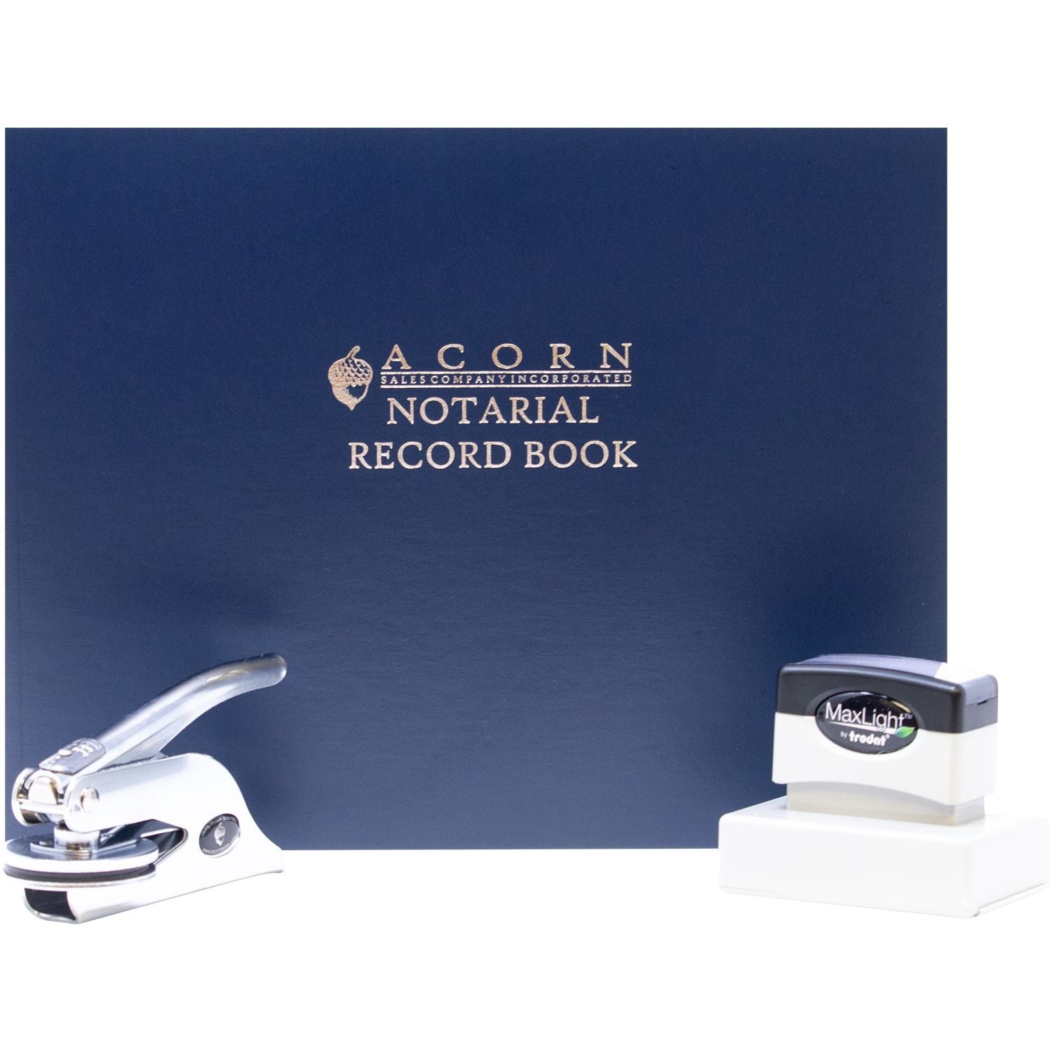 Acorn Sales Company notarial record book with embosser and MaxLight notary stamp on white background.