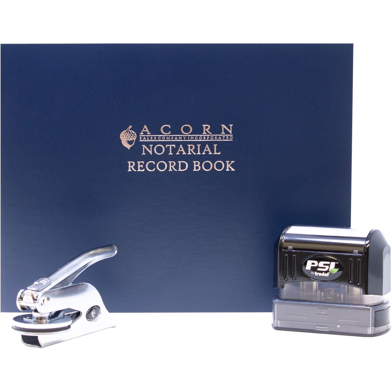 Acorn Notarial Record Book with notary seal embosser and PSI self-inking stamp