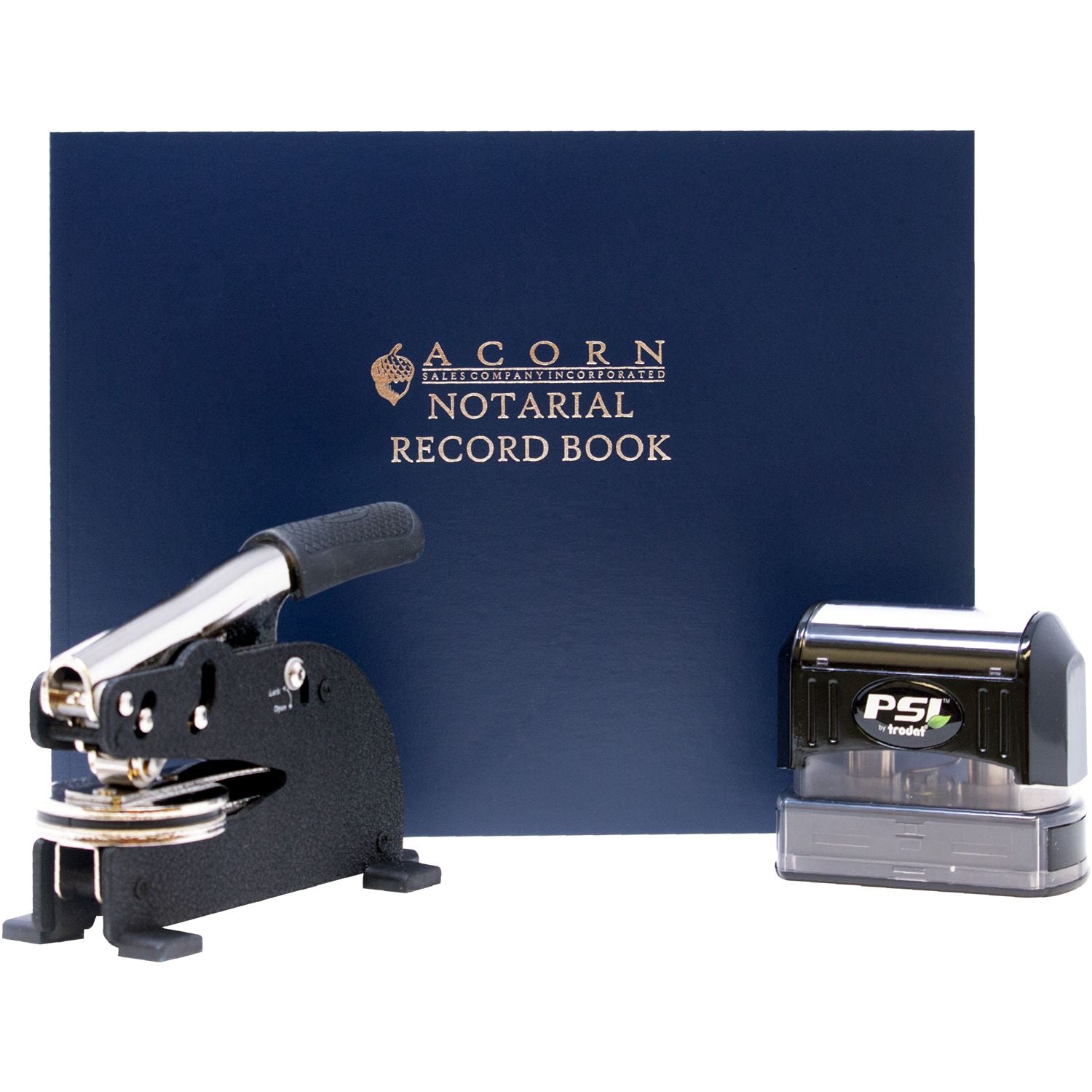 Acorn Notarial Record Book with notary embosser and PSI Trodat stamp set on a white background