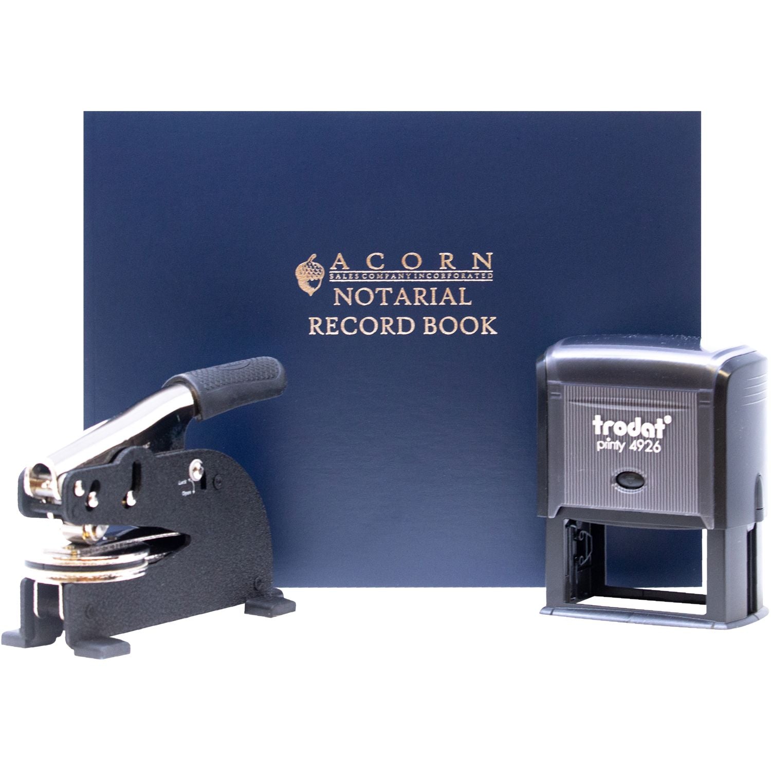Acorn Notarial Record Book with embosser and Trodat Printy 4926 self-inking stamp on white background