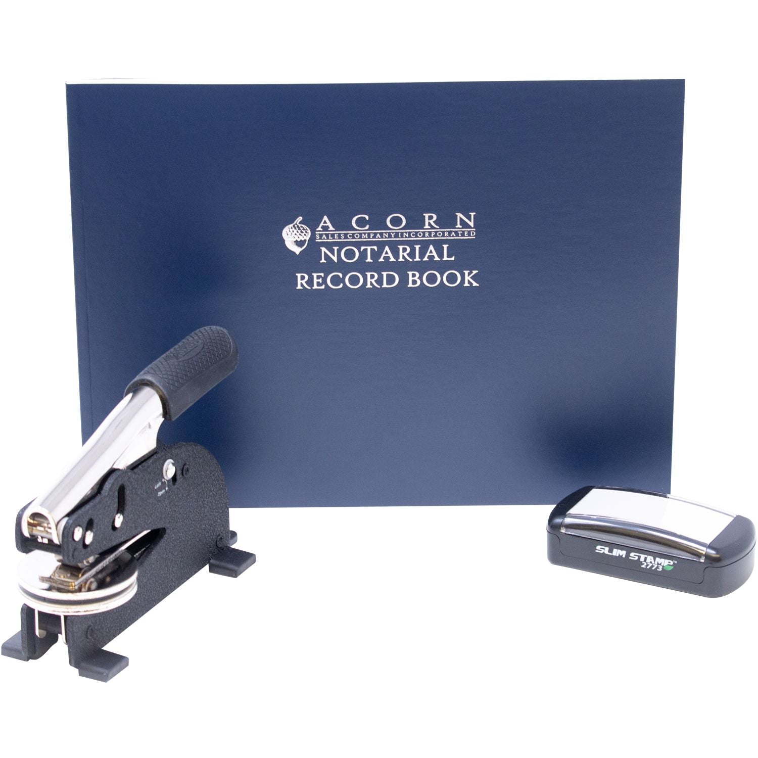Acorn notarial record book with embosser and Slim Stamp notary seal on white background