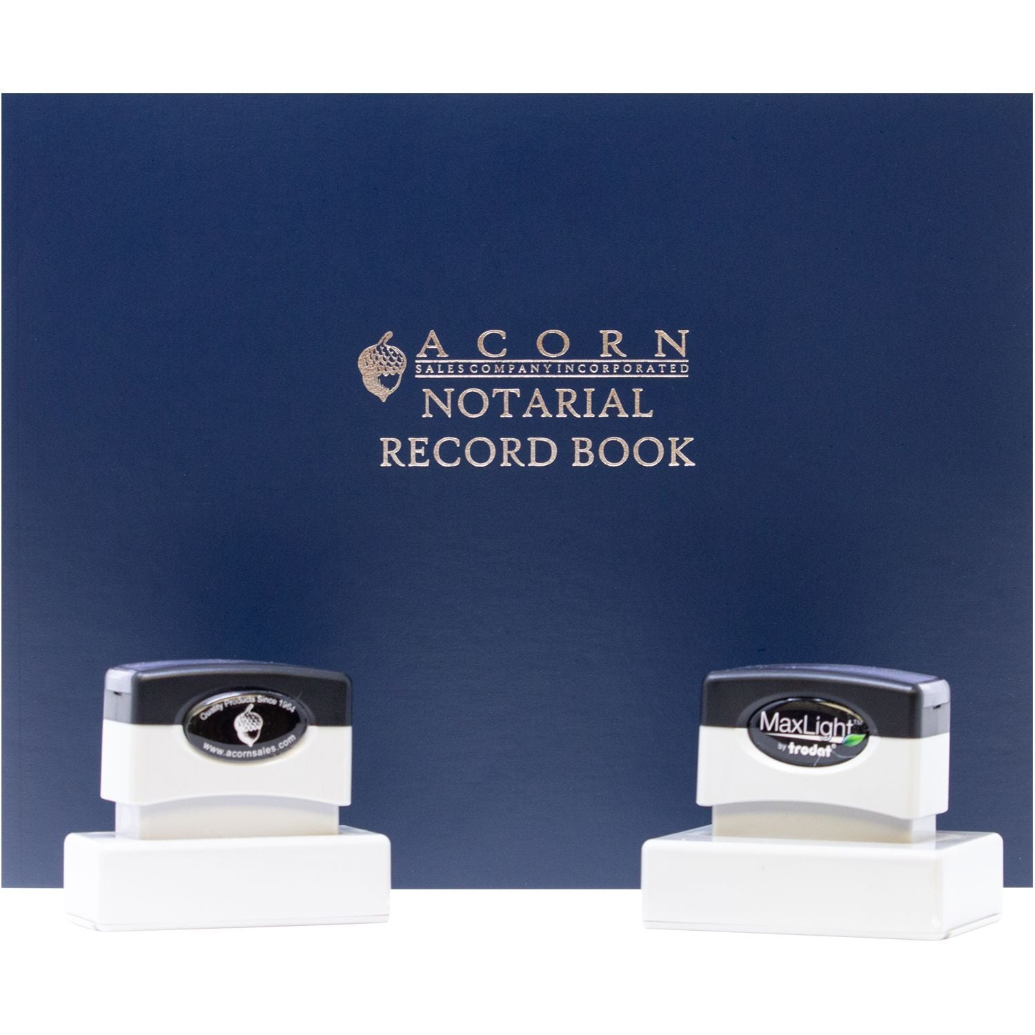 Acorn Notarial Record Book with two self-inking notary stamps on a blue cover.