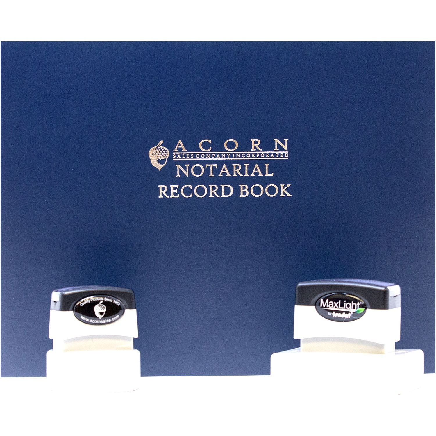 Acorn Notarial Record Book with two MaxLight notary stamp dispensers on a blue background.
