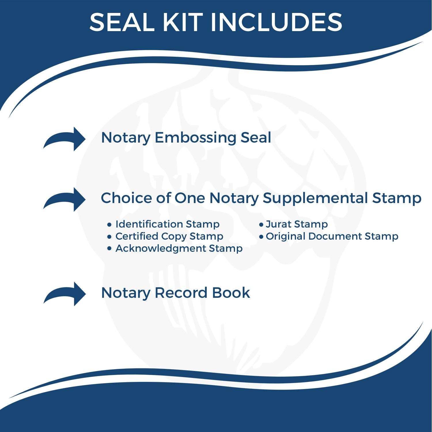 Notary seal kit includes embossing seal, one supplemental stamp, and notary record book.