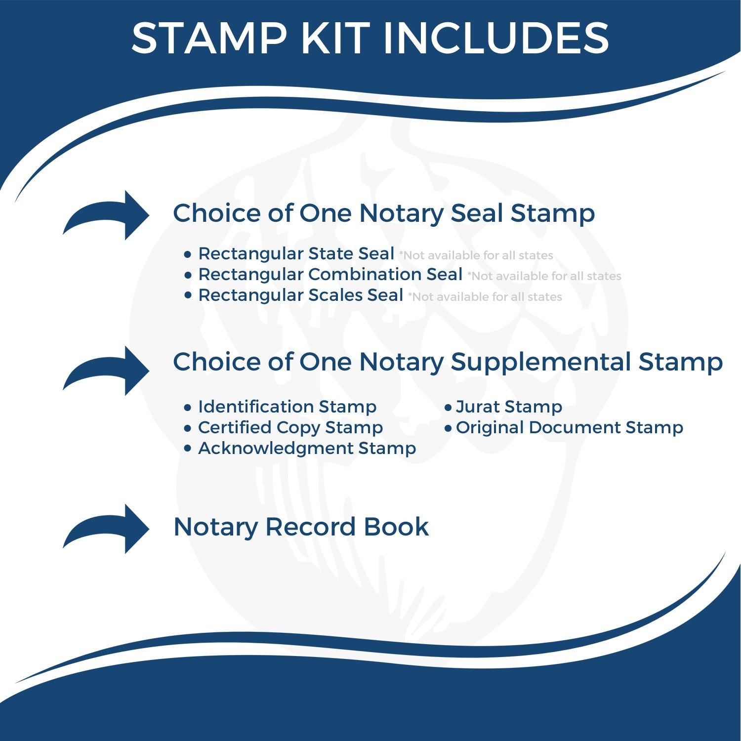 Notary stamp kit includes choice of seal stamp, supplemental stamp, and notary record book.