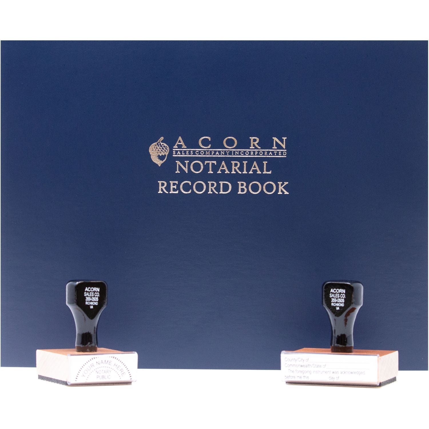 Acorn Notarial Record Book with two notary stamp handles on a blue cover.