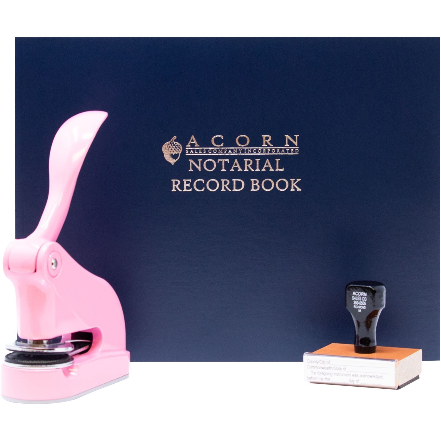 Acorn Notarial Record Book with pink notary embosser and stamp for official document sealing.
