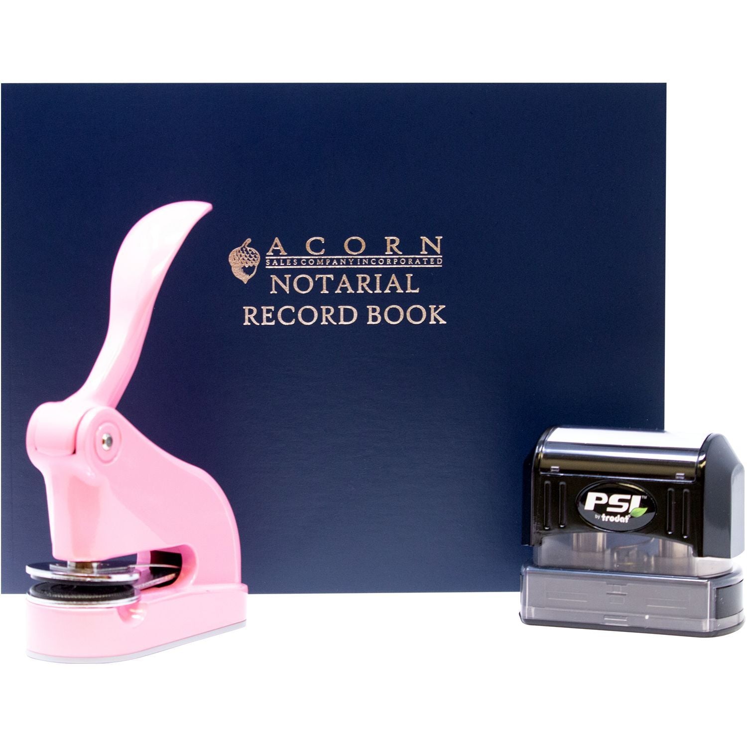 Pink notary embosser and black PSI stamp beside a navy Acorn Notarial Record Book for official document sealing.
