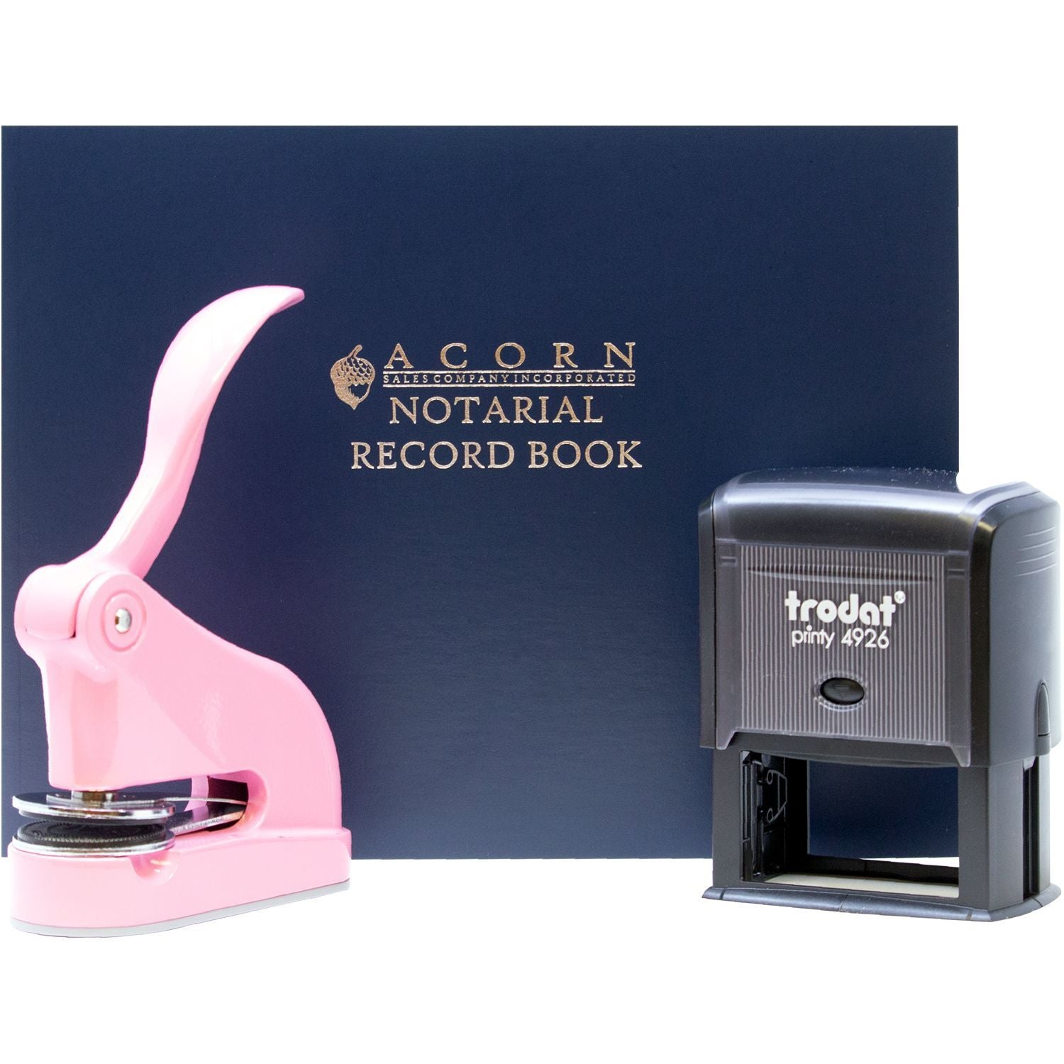 Acorn notarial record book with pink embossing seal and Trodat self-inking stamp set