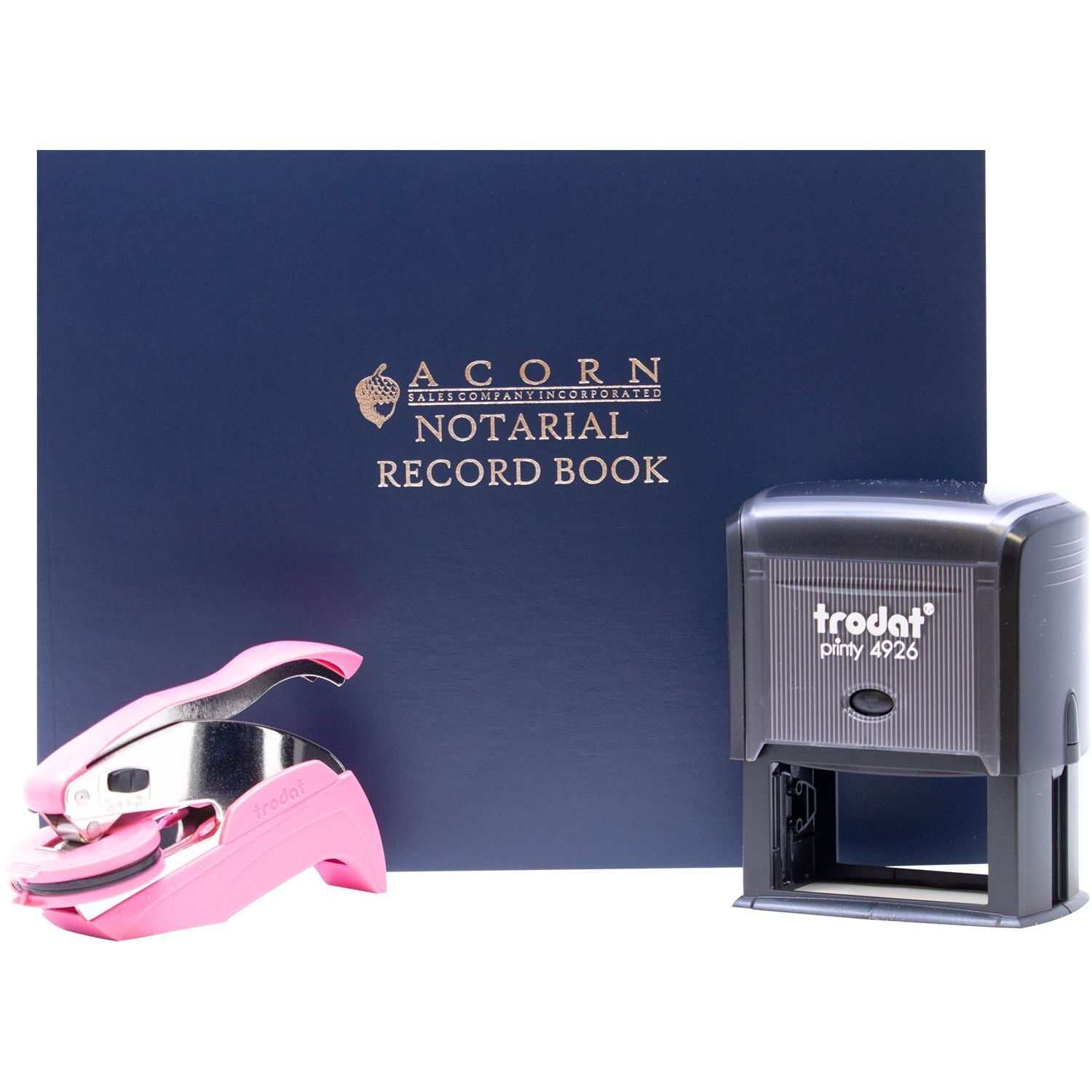 Acorn Notarial Record Book with Trodat Printy 4926 self-inking stamp and pink office stapler on white background