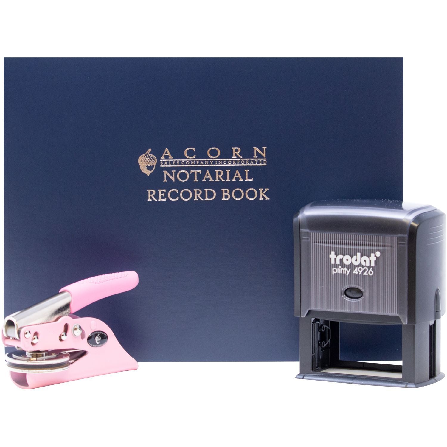 Acorn Notarial Record Book with pink embossing seal press and Trodat self-inking notary stamp for professional notarization.