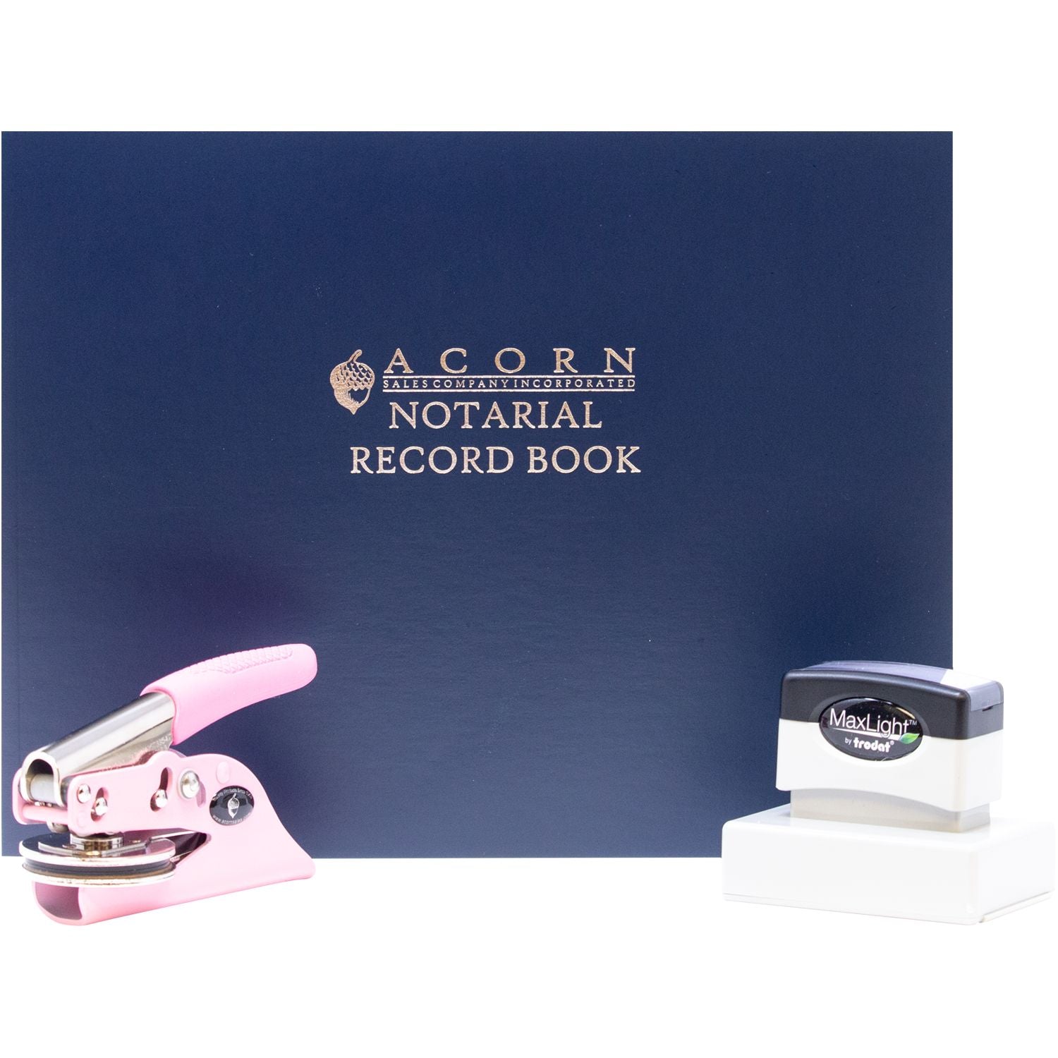 Acorn Notarial Record Book with pink embosser and MaxLight notary stamp set on white background.
