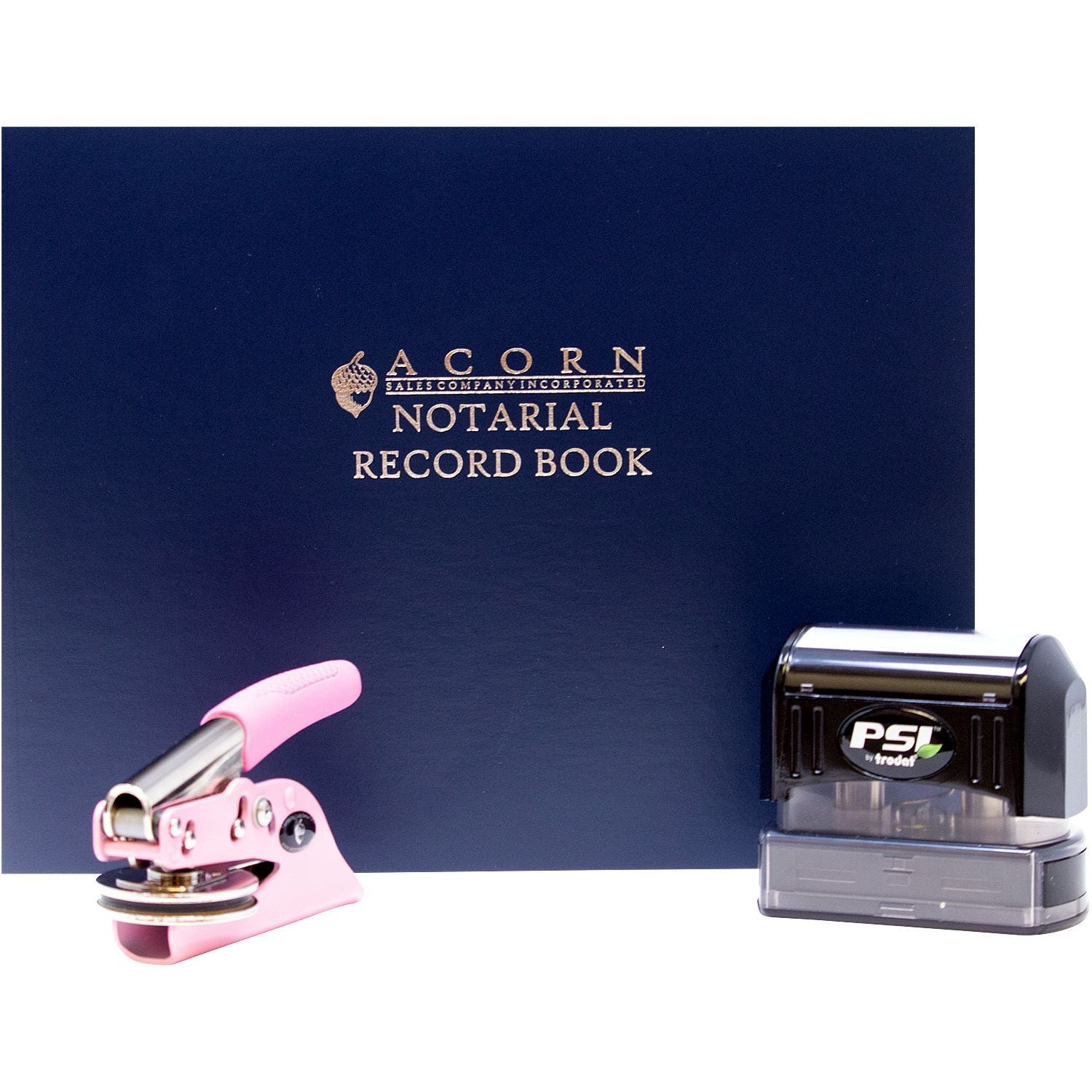 Acorn notarial record book with pink embossing seal and PSI self-inking notary stamp set.