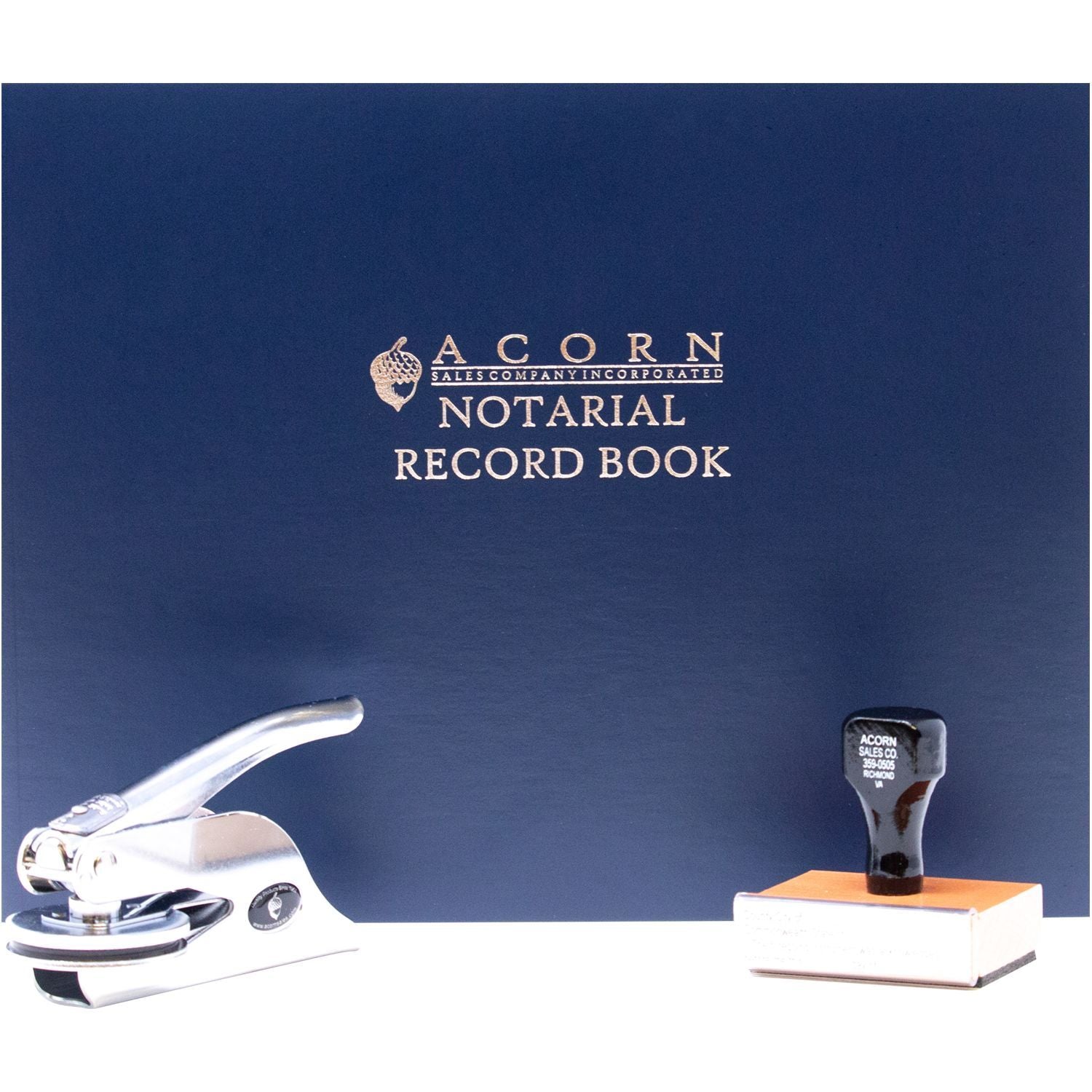 Acorn Notarial Record Book with notary stamp and embosser, blue cover office supplies.