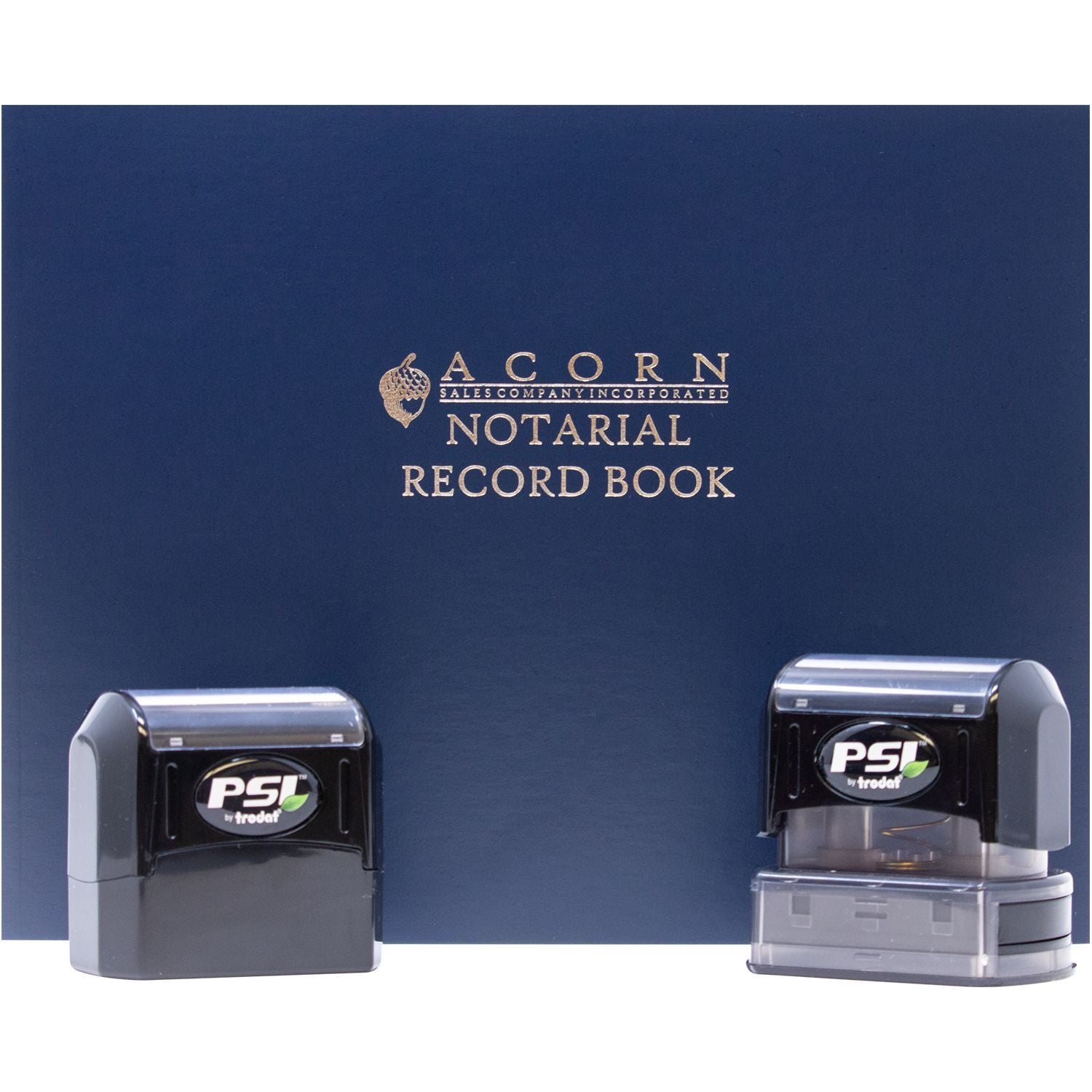 Acorn Notarial Record Book with two PSI by Trodat self-inking notary stamps on a blue background.