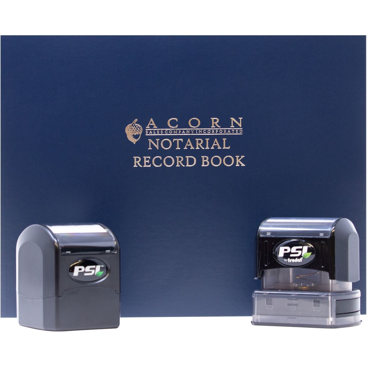 Acorn Notarial Record Book with two PSI by Trodat self-inking stamps on a blue background