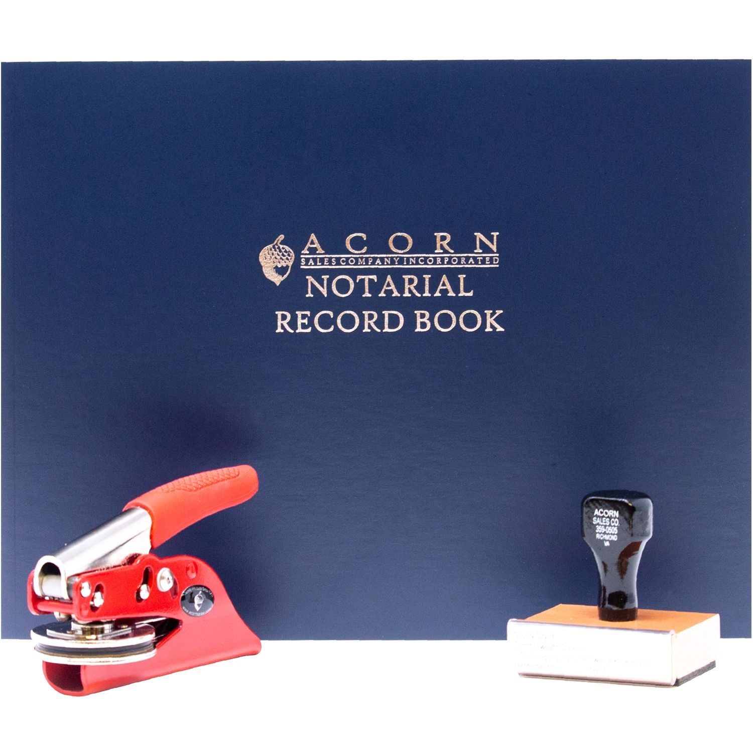 Acorn Notarial Record Book with notary seal embosser and stamp on white background
