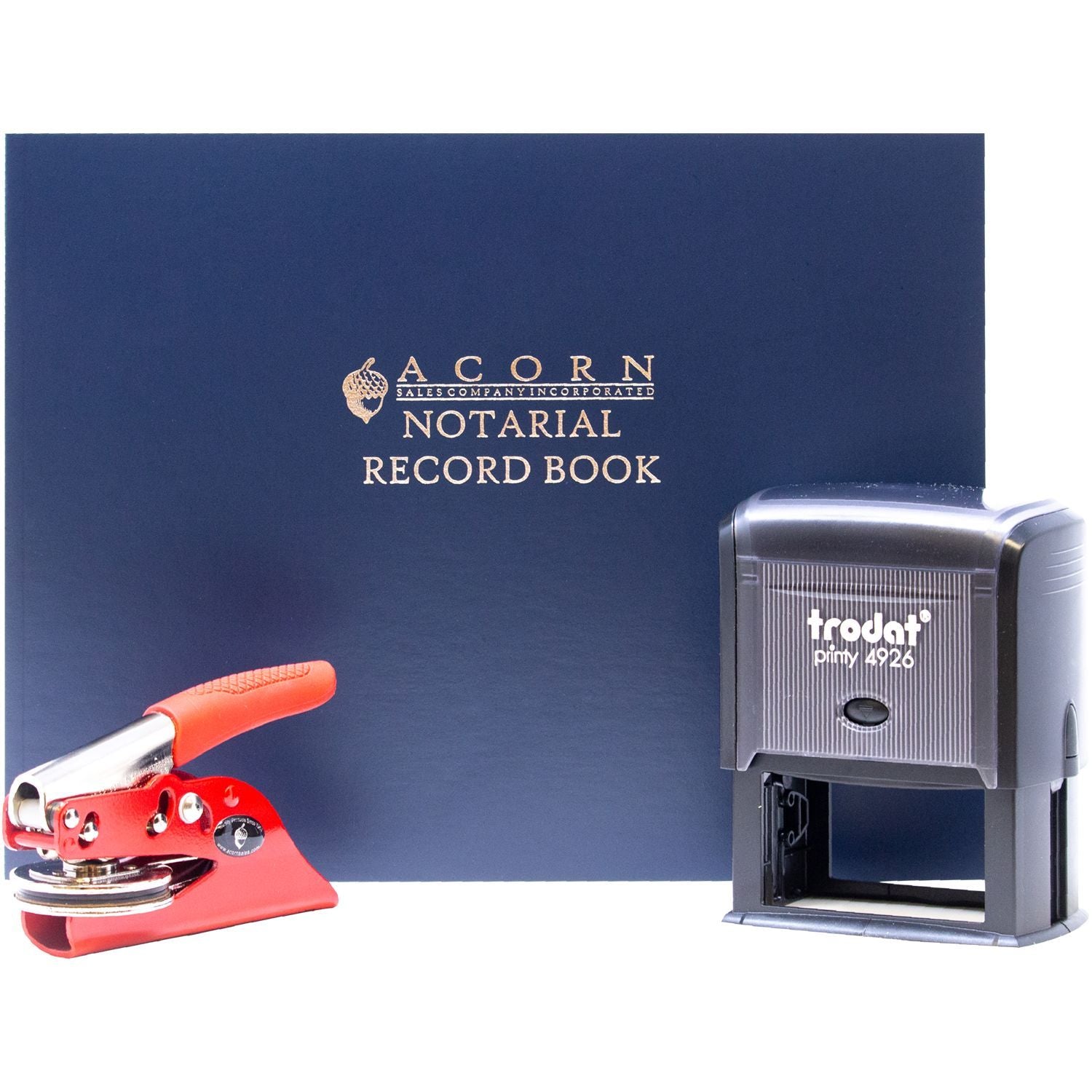 Blue Acorn notarial record book with Trodat self-inking notary stamp and red seal embosser for official document authentication.
