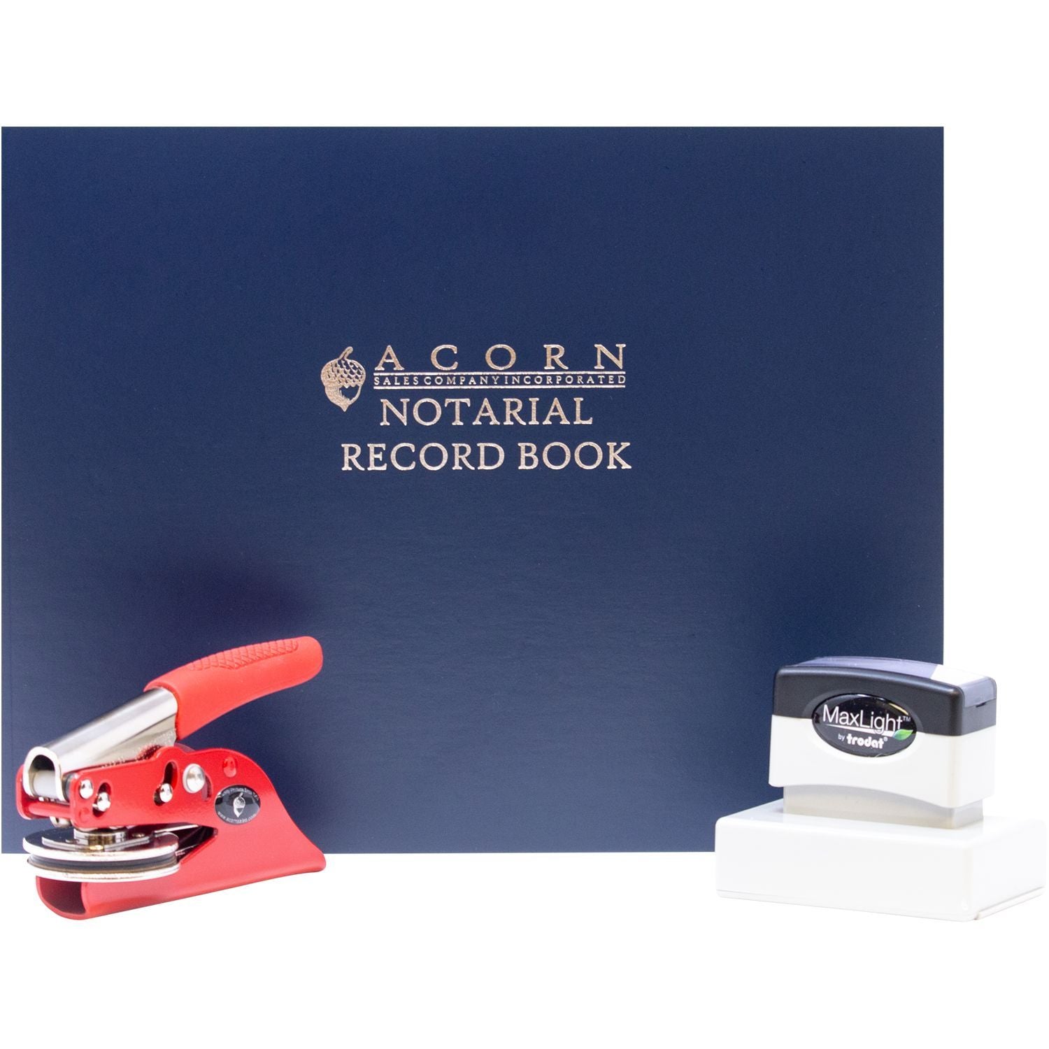 Acorn Notarial Record Book with red notary embosser and MaxLight stamp, professional notary supplies set