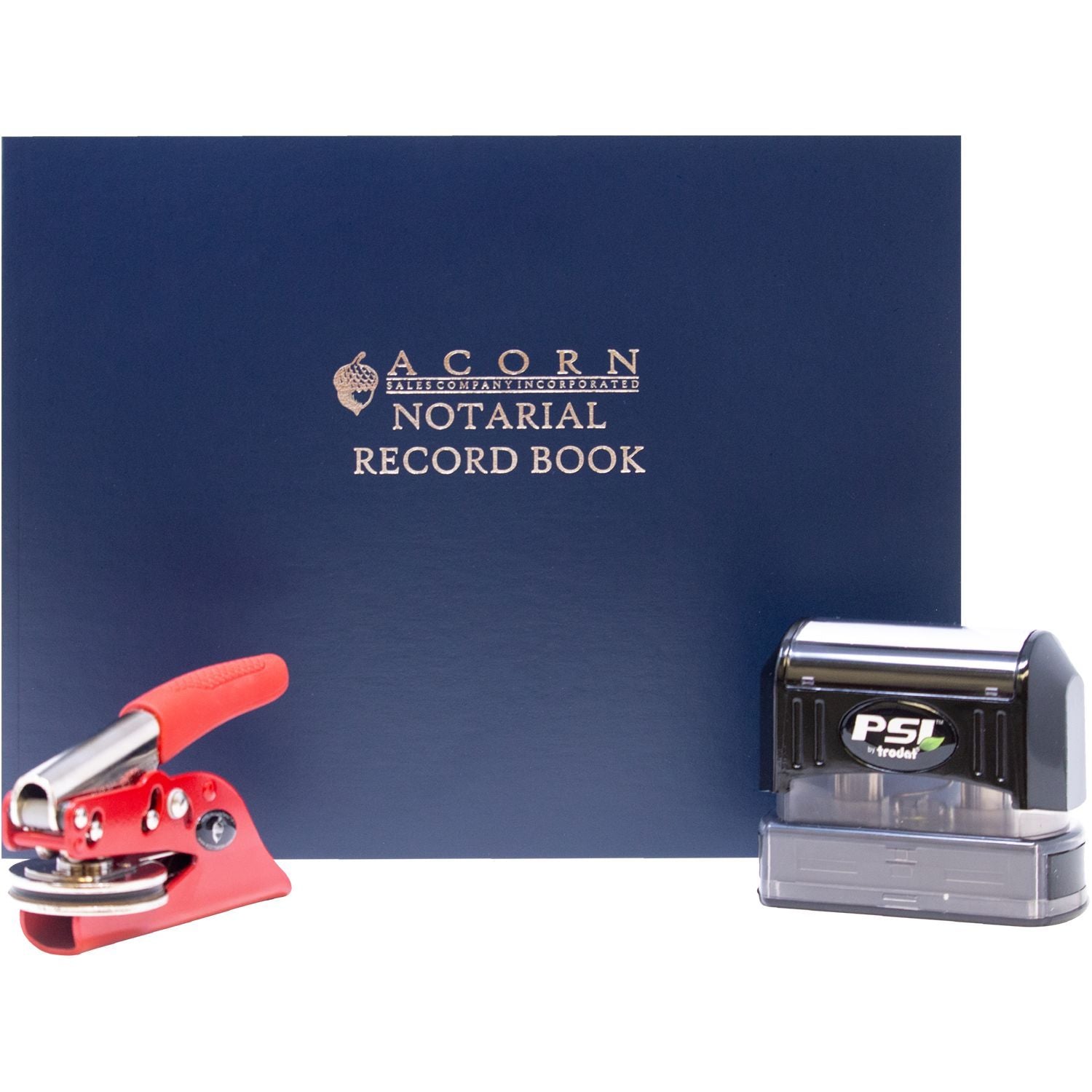 Acorn notarial record book with notary embosser and PSI self-inking stamp for official document recording.