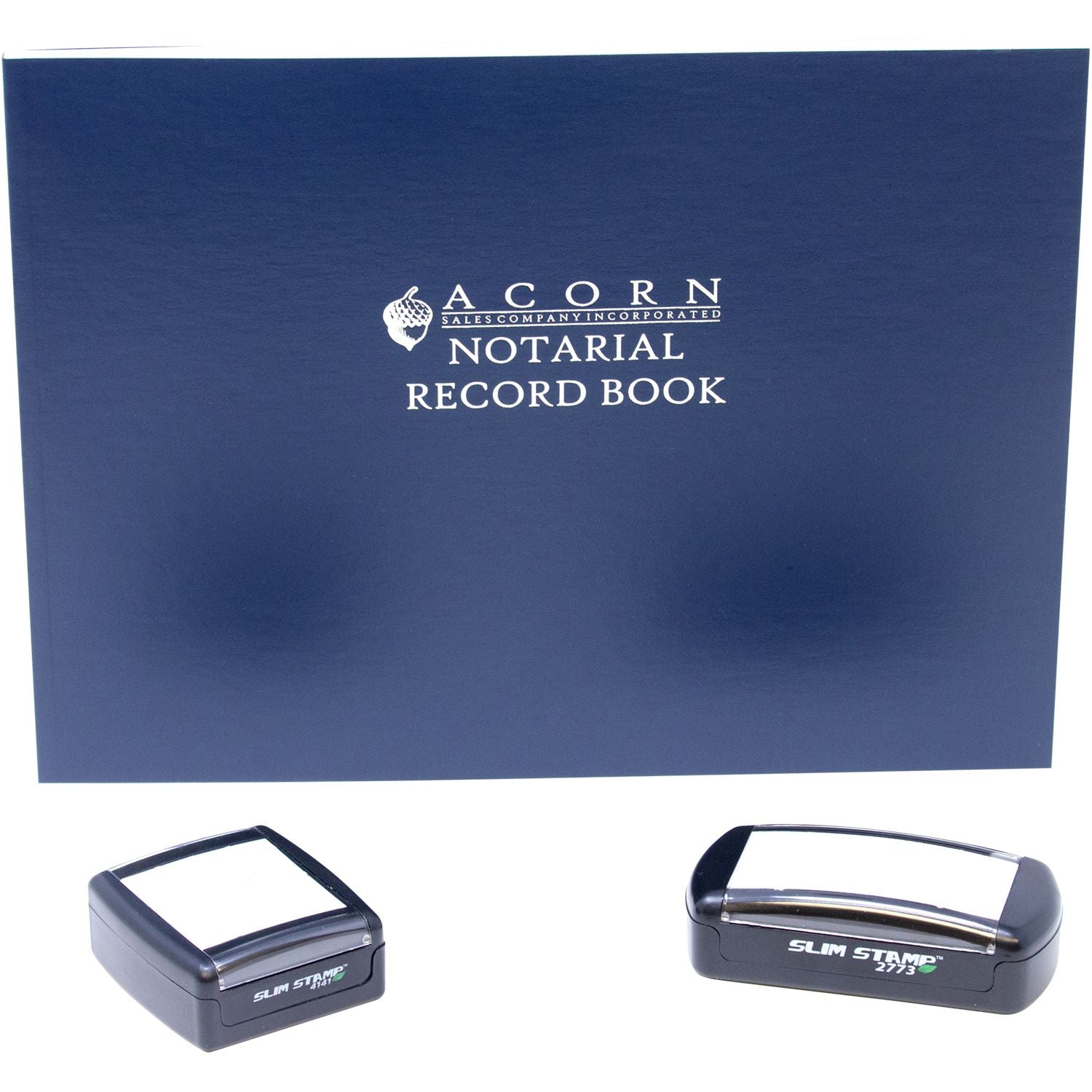 Acorn notarial record book with two slim self-inking stamps on white background