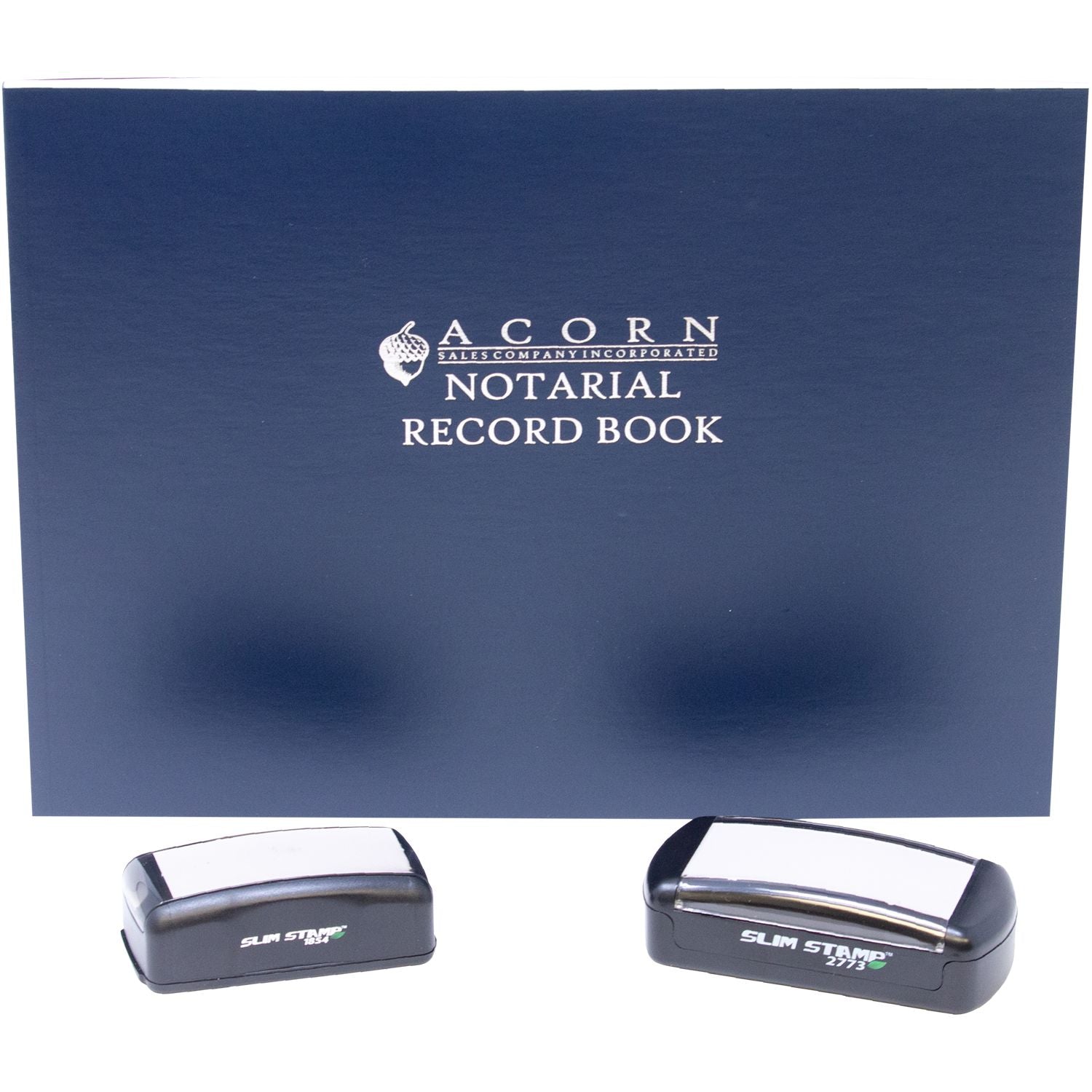 Acorn Notarial Record Book with two slim self-inking notary stamps on white background