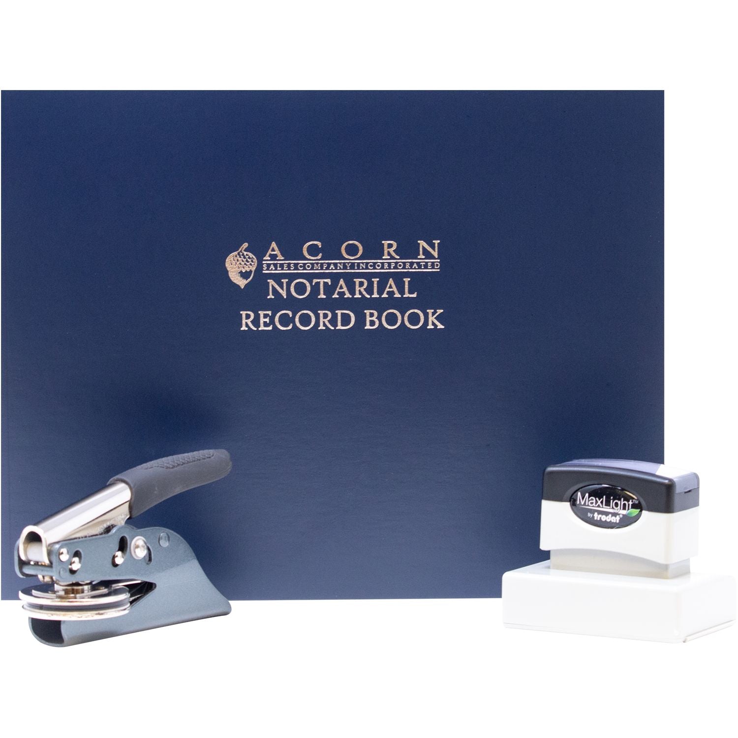 Blue Acorn Notarial Record Book with notary embosser and MaxLight stamp set on a white background.