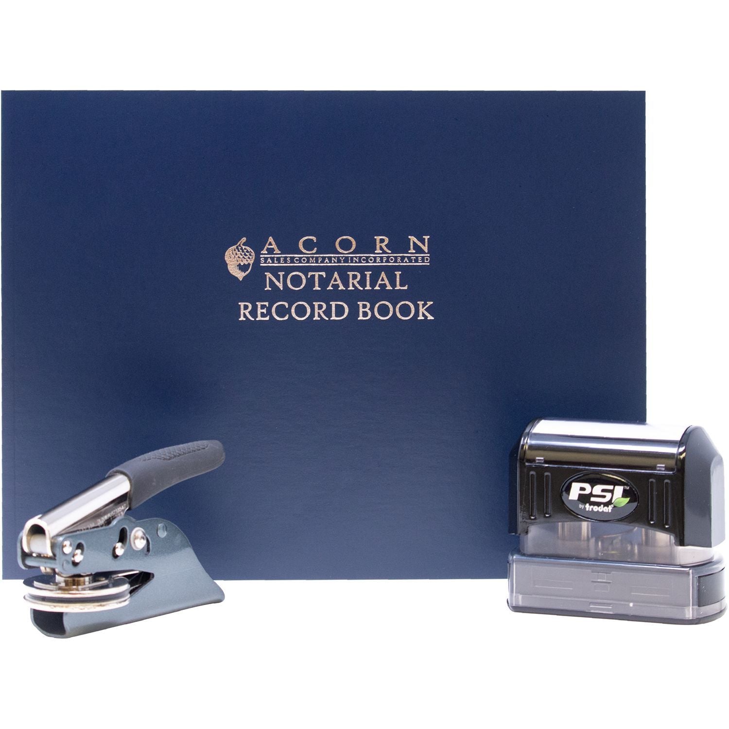 Acorn notarial record book with notary embosser and PSI self-inking stamp on white background