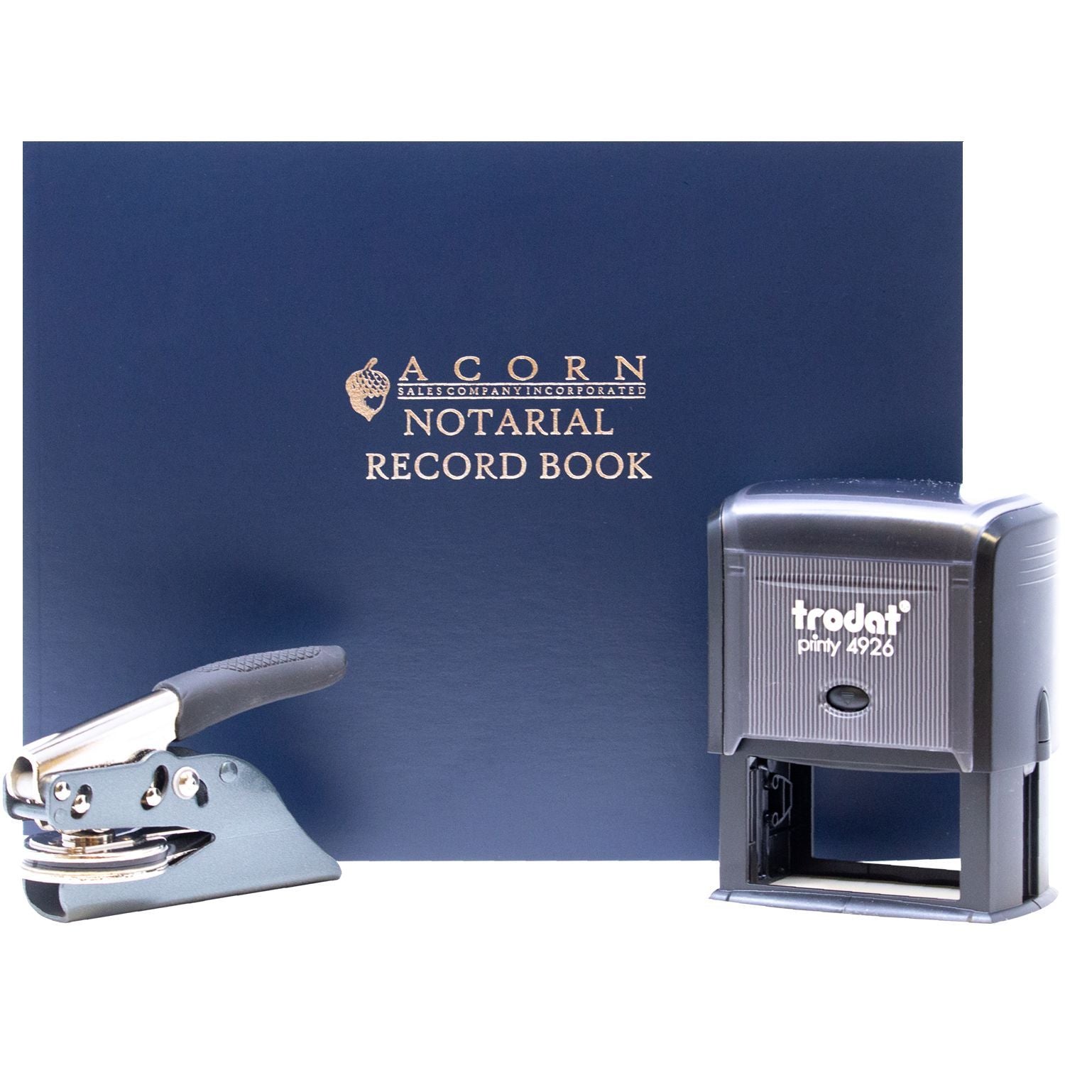 Notarial record book with Trodat self-inking stamp and embossing seal for notary public documents