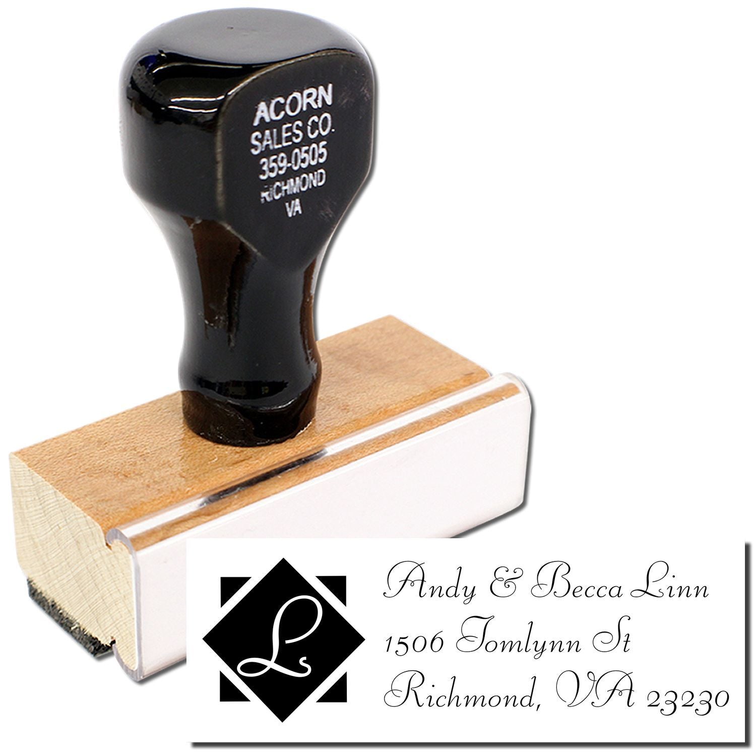 Custom rubber stamp with monogram and return address design for personalized envelopes and business mail.