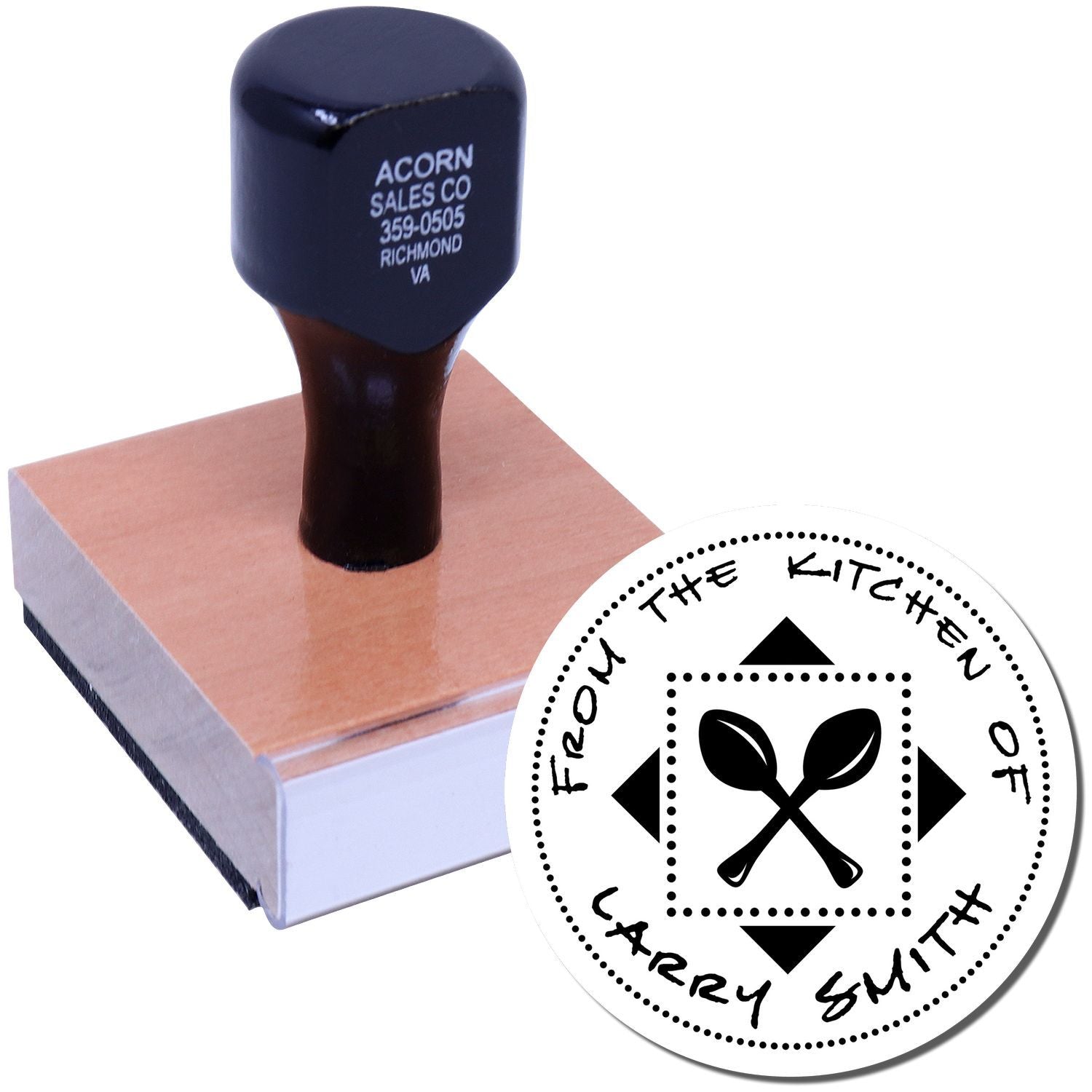 Custom rubber stamp with self-inking handle and round From the Kitchen of Larry Smith logo for personalized food packaging.