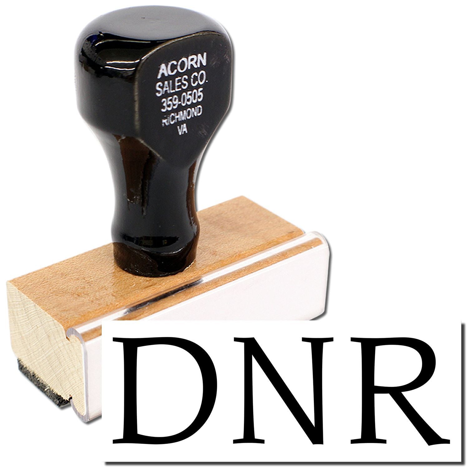 DNR Acorn Sales Co. marking stamp on wooden base, showing 359-0505 Richmond VA identification.