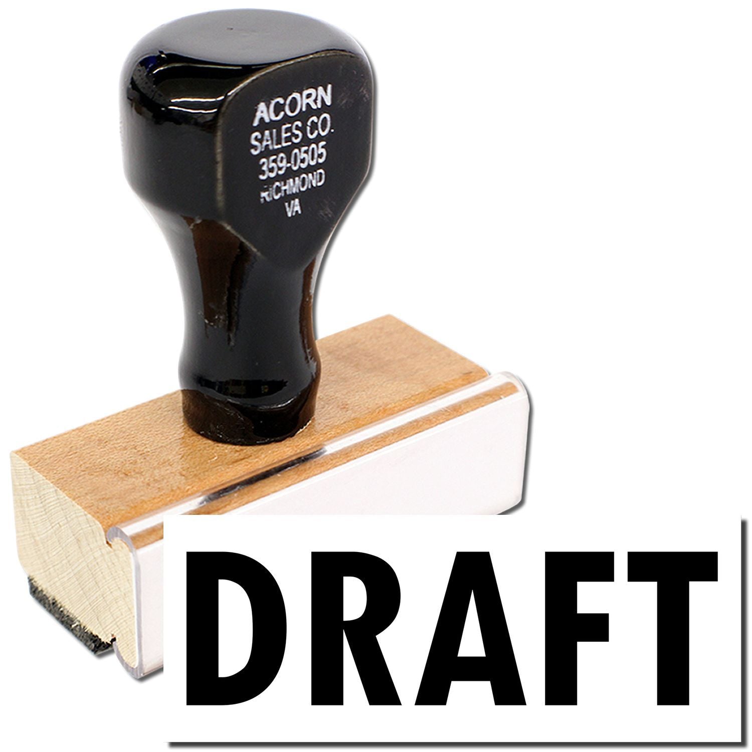 Acorn Sales Co. branded black tool on wooden base labeled DRAFT, product photo with Richmond VA contact info