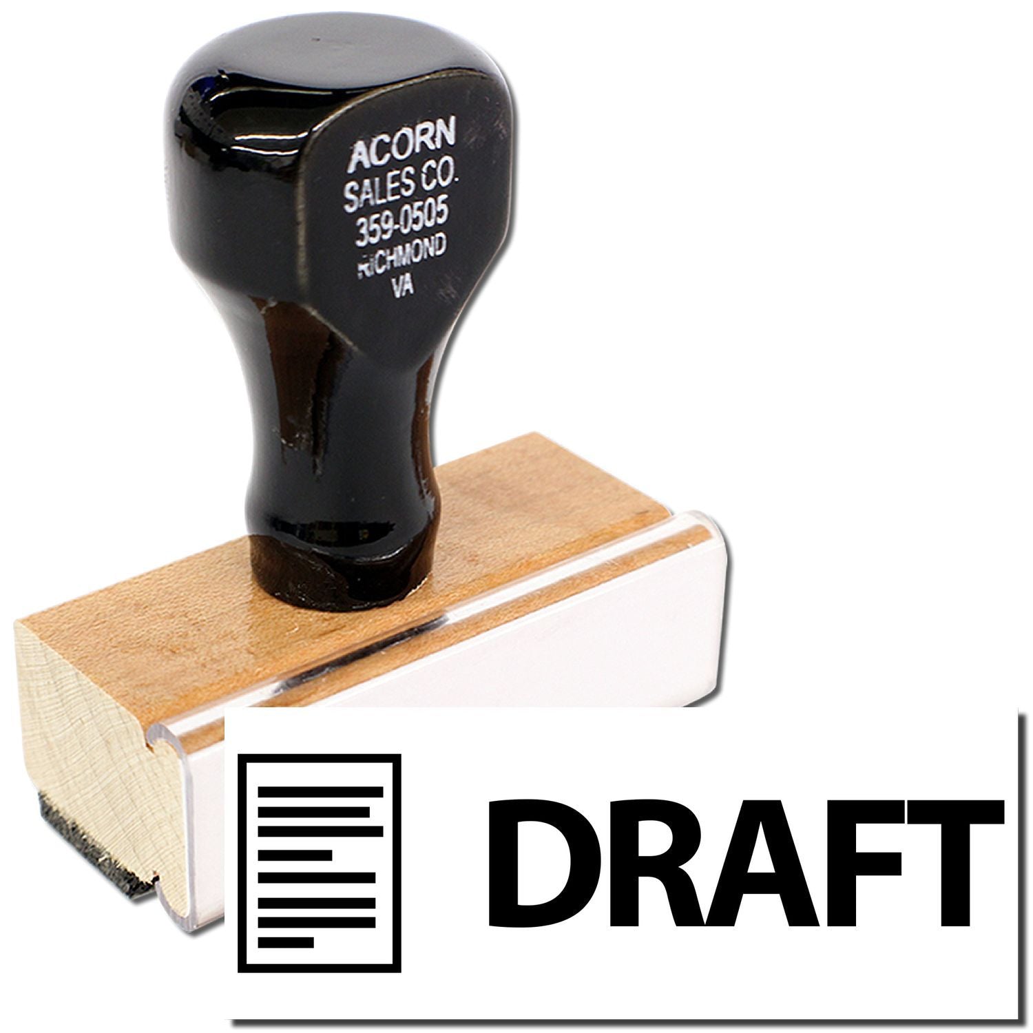 Acorn Sales Co. branded rubber stamp on wooden handle for printing DRAFT document labels, office stationery supplies