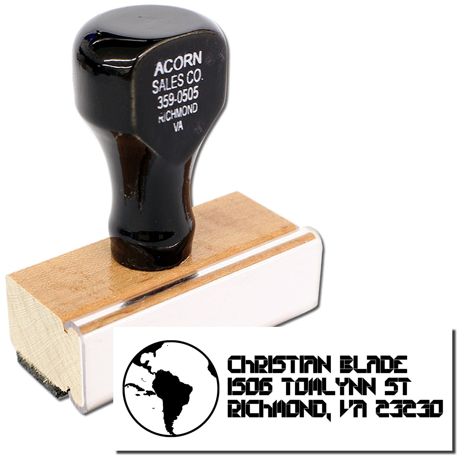 Custom return address rubber stamp with globe logo for Christian Blade, Richmond, VA.