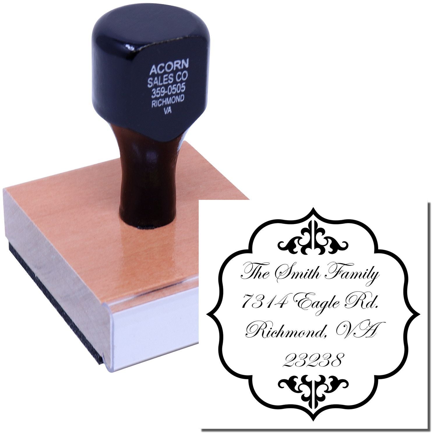 Custom self-inking address rubber stamp with decorative family name and return address design for personalized mailing use