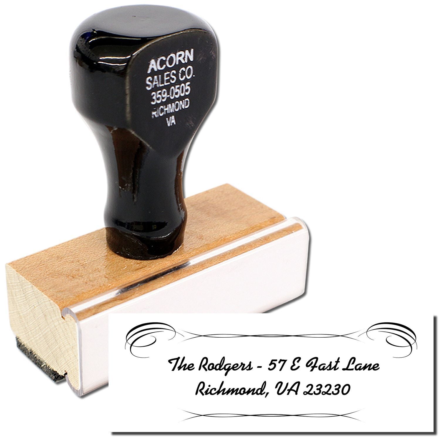 Custom rubber address stamp with decorative design, showing The Rodgers, 57 E Fast Lane, Richmond, VA 23230.