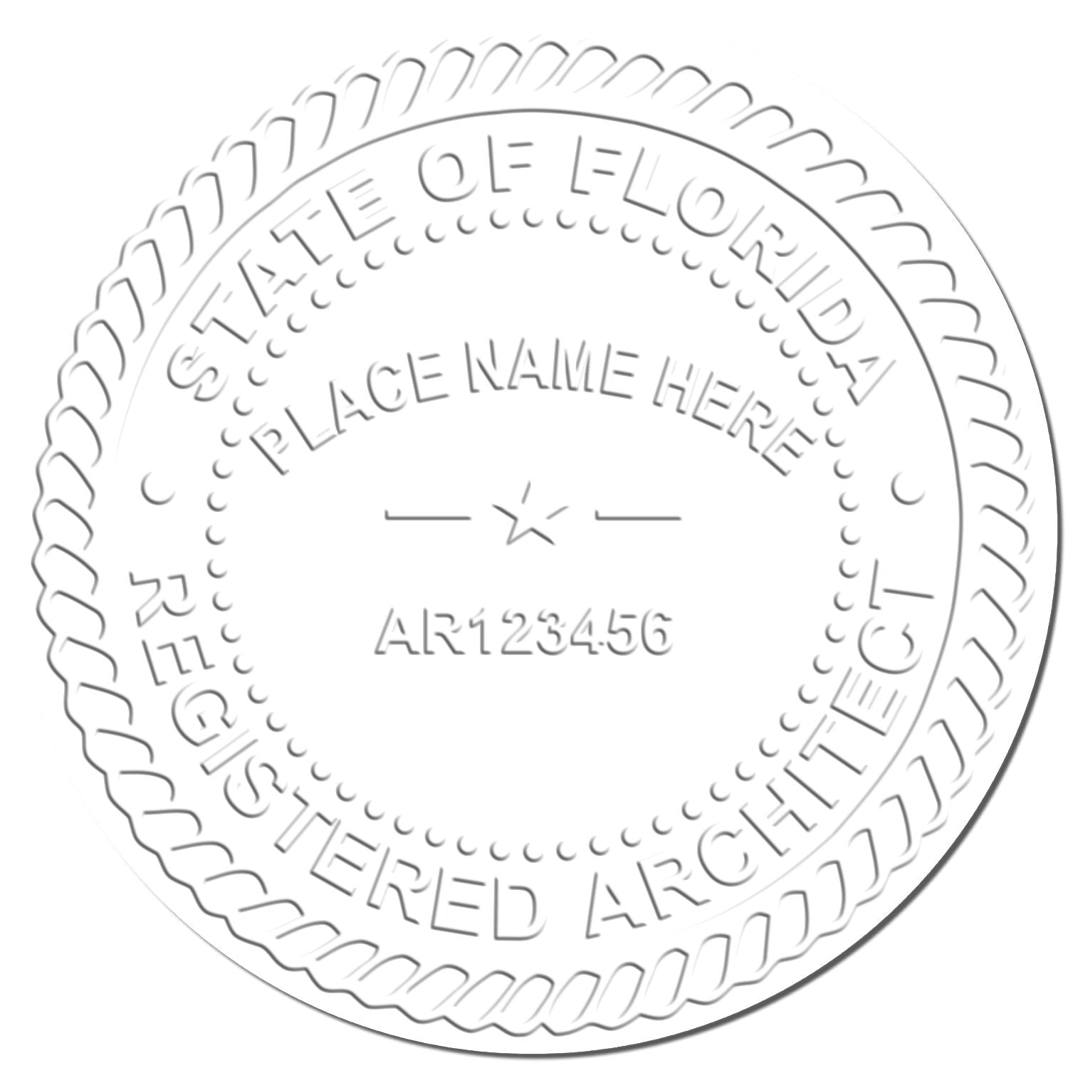 Embossed State of Florida registered architect seal with placeholder name and license number AR123456.