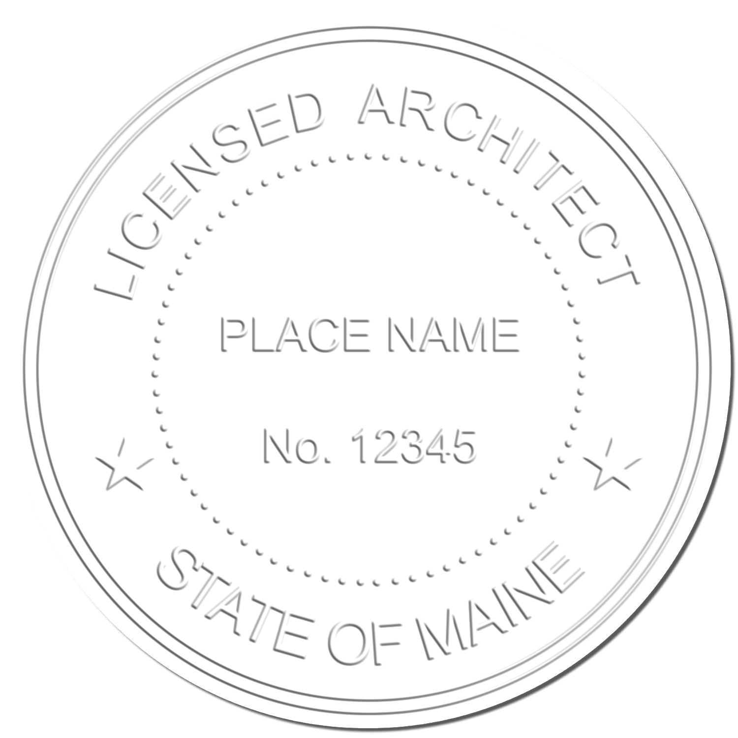 Circular licensed architect seal template for State of Maine with place name and license number 12345.
